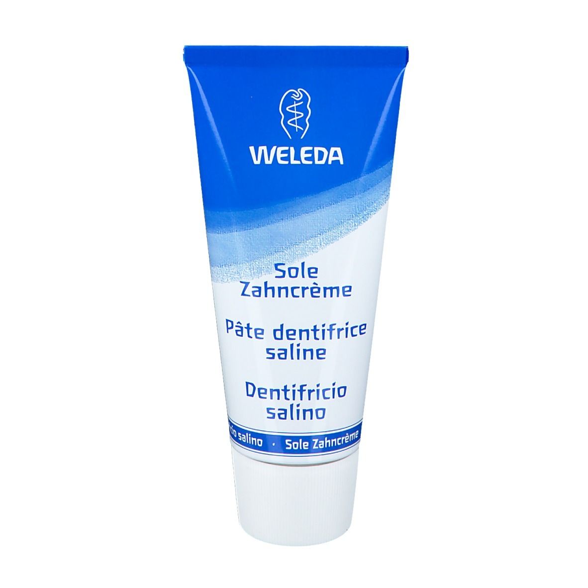 Tubo di dentifricio blu con tappo bianco. Scritte: WELEDA, Sole Zahncrème, Pâte dentifrice saline, Dentifricio salino.