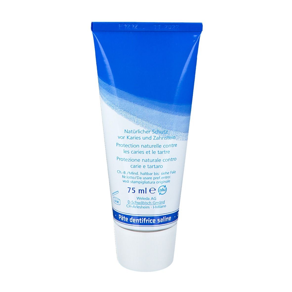 Retro del tubetto di dentifricio. Tubo blu con tappo bianco. Scritta: Protezione naturale contro carie e tartaro.