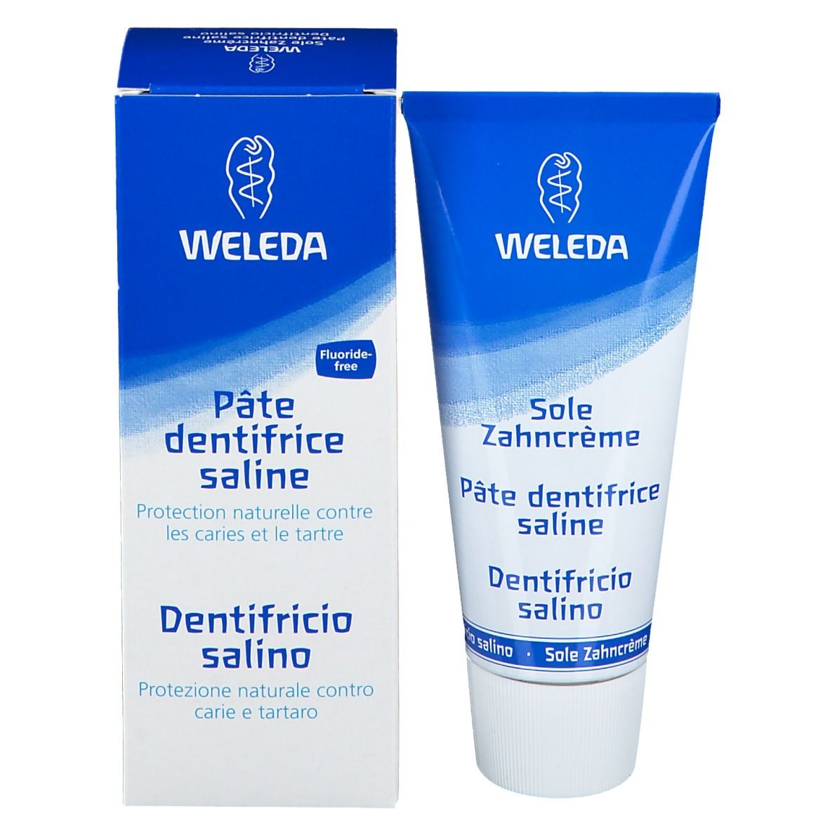 Tubo e scatola di dentifricio. Tubo blu con tappo bianco. Scritte: WELEDA, Pâte dentifrice saline, Dentifricio salino.