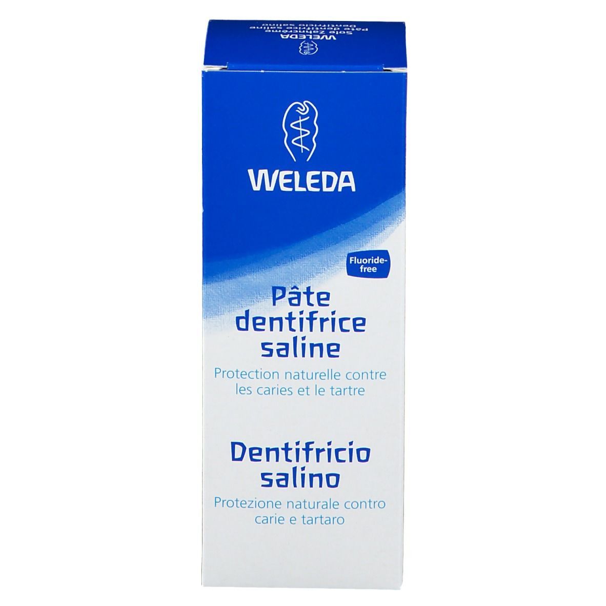 Scatola di dentifricio. Scatola blu con testo bianco. Scritte: WELEDA, Pâte dentifrice saline, Dentifricio salino.