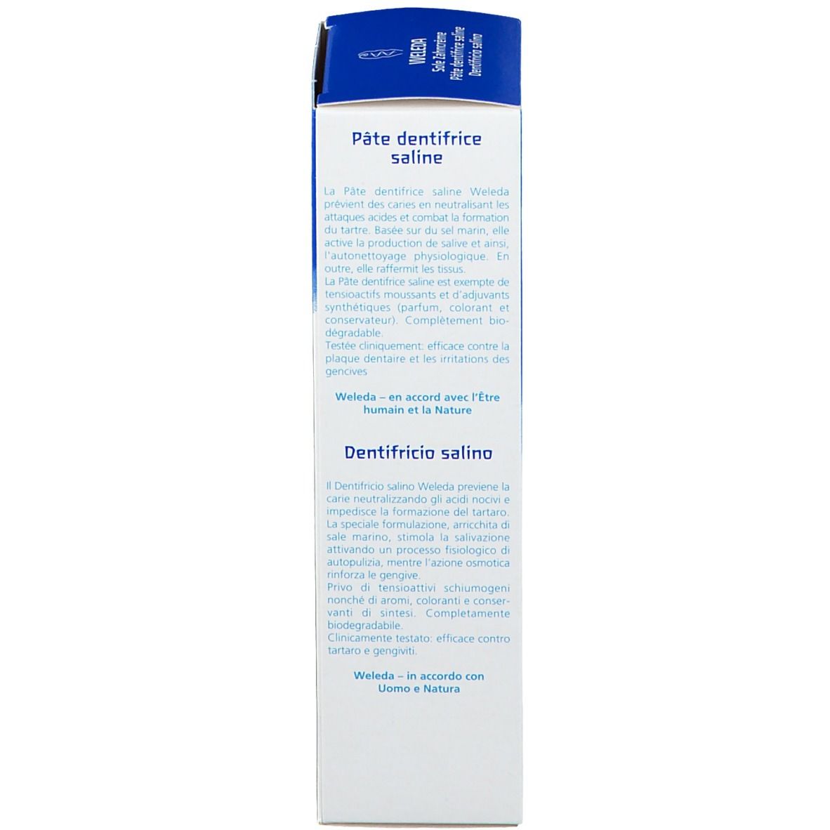 Retro della scatola di dentifricio. Scatola blu con testo bianco. Testo in più lingue.