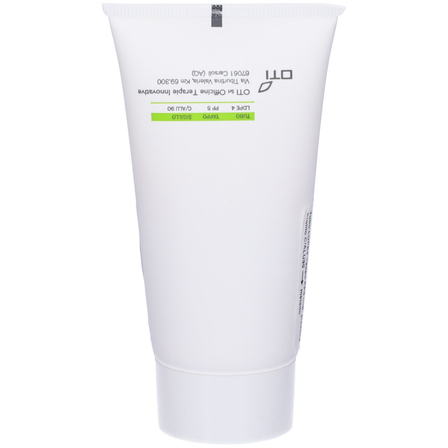 Tubo bianco con stampa verde. OTI Officine Therapie Innovative. Testo.