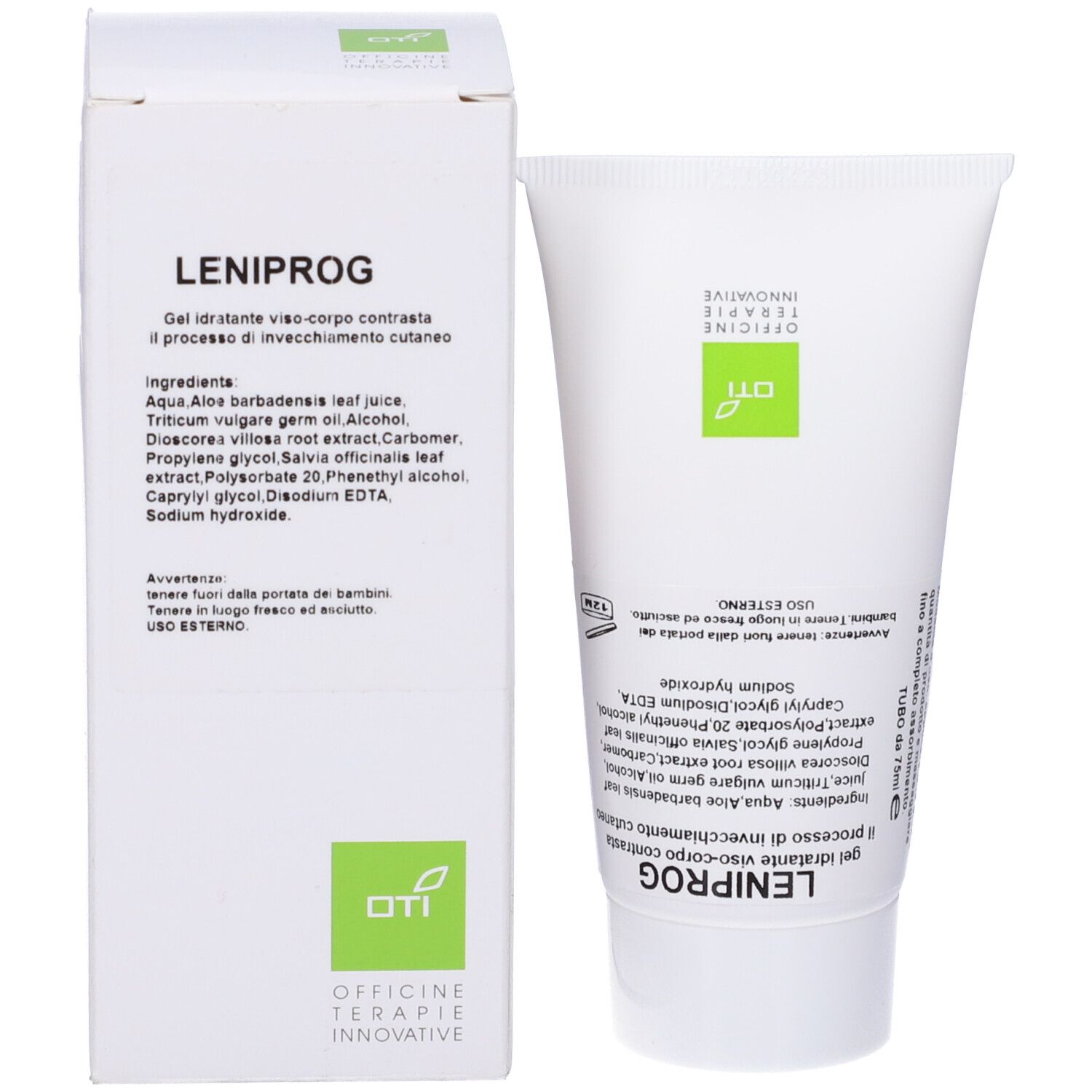 Confezione e tubo del prodotto. Confezione: bianca, testo: LENIPROG, ingredienti, OTI Officine Therapie Innovative.