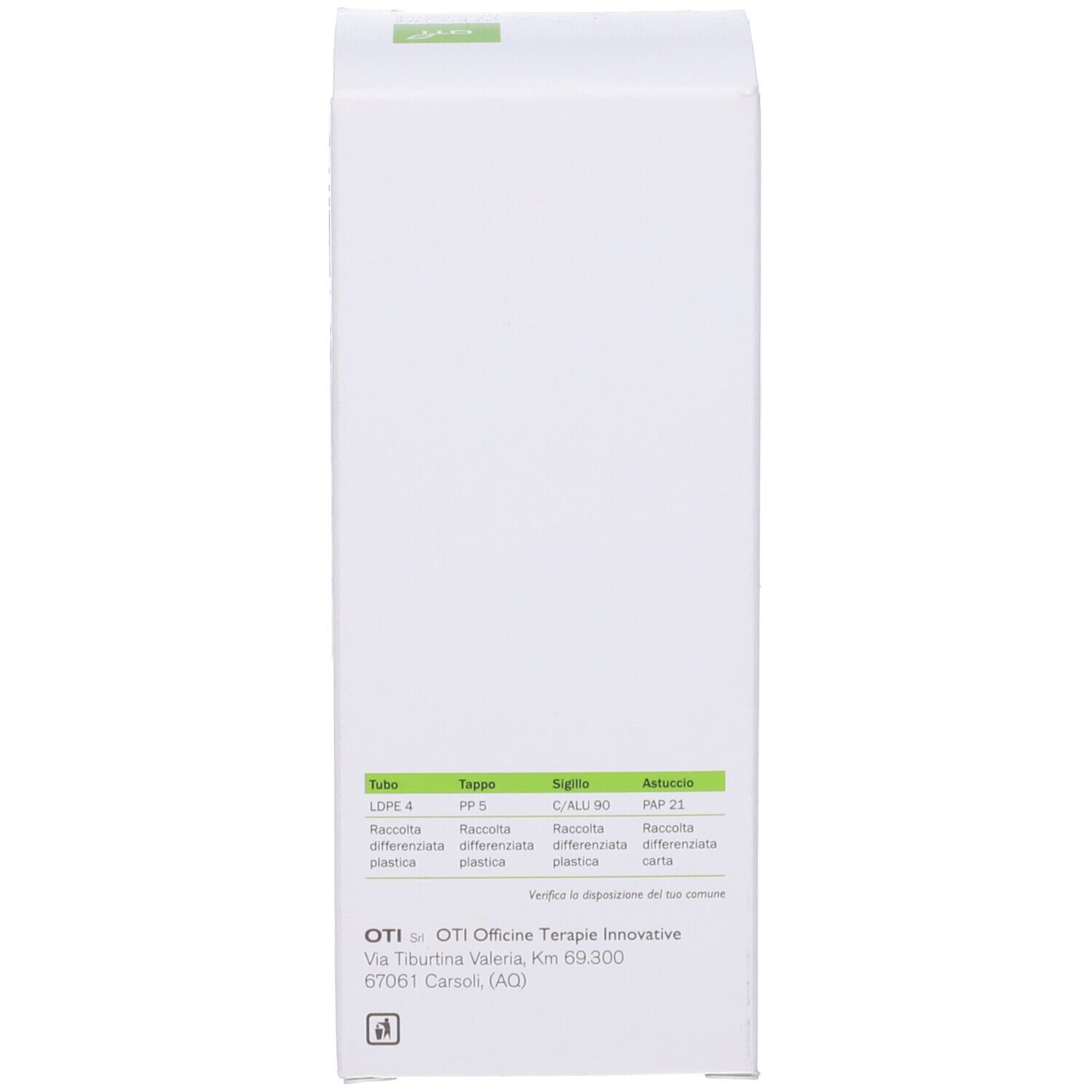 Confezione bianca del prodotto. Retro. Testo: materiali, OTI Officine Therapie Innovative.