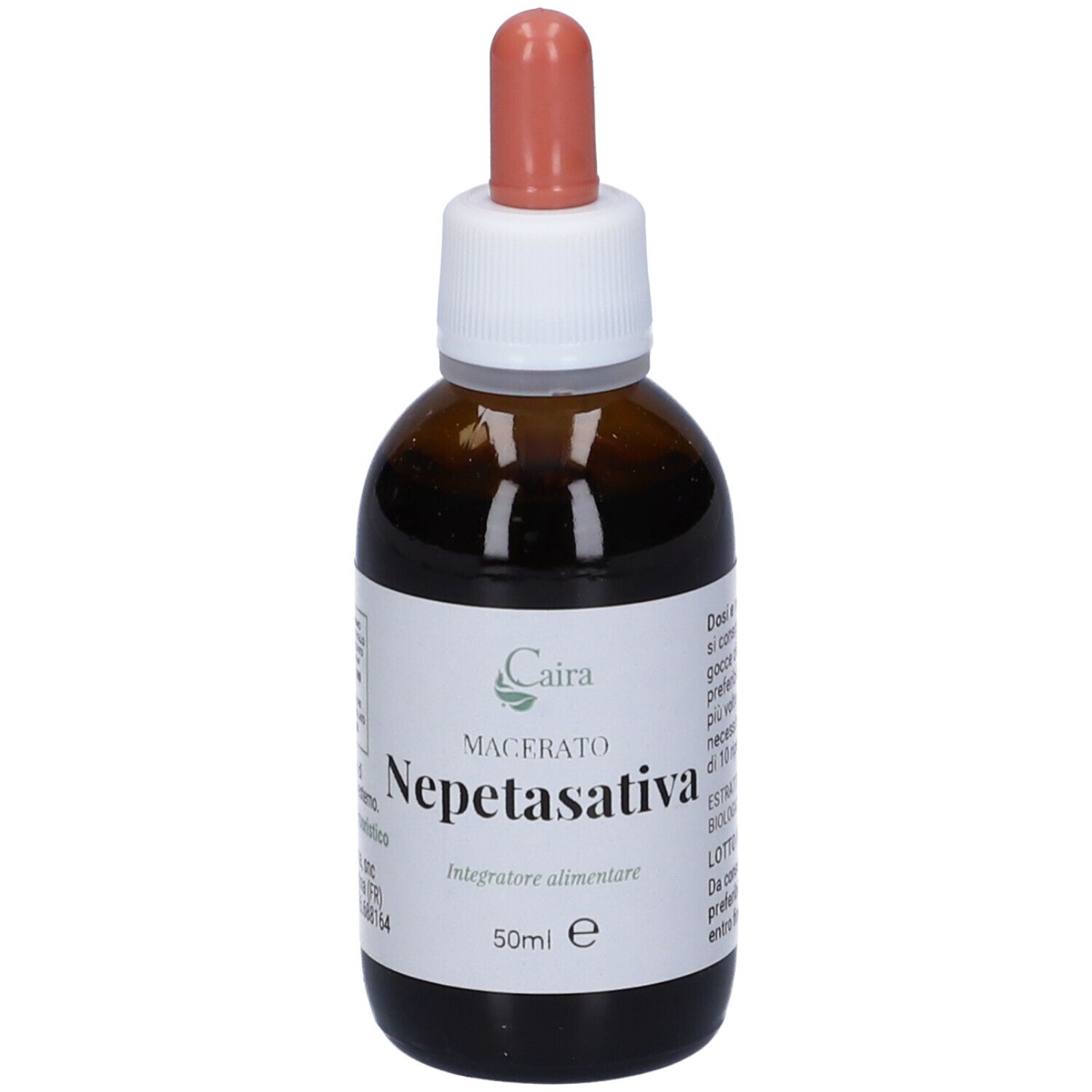 Flacone in vetro marrone con contagocce. Scritta: Caira, Nepetasativa, macerato, 50ml. Liquido marrone visibile.