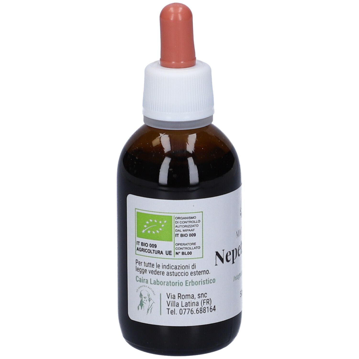 Flacone in vetro marrone con contagocce. Scritta: Caira, Nepetasativa, macerato, 50ml. Sigillo bio visibile.