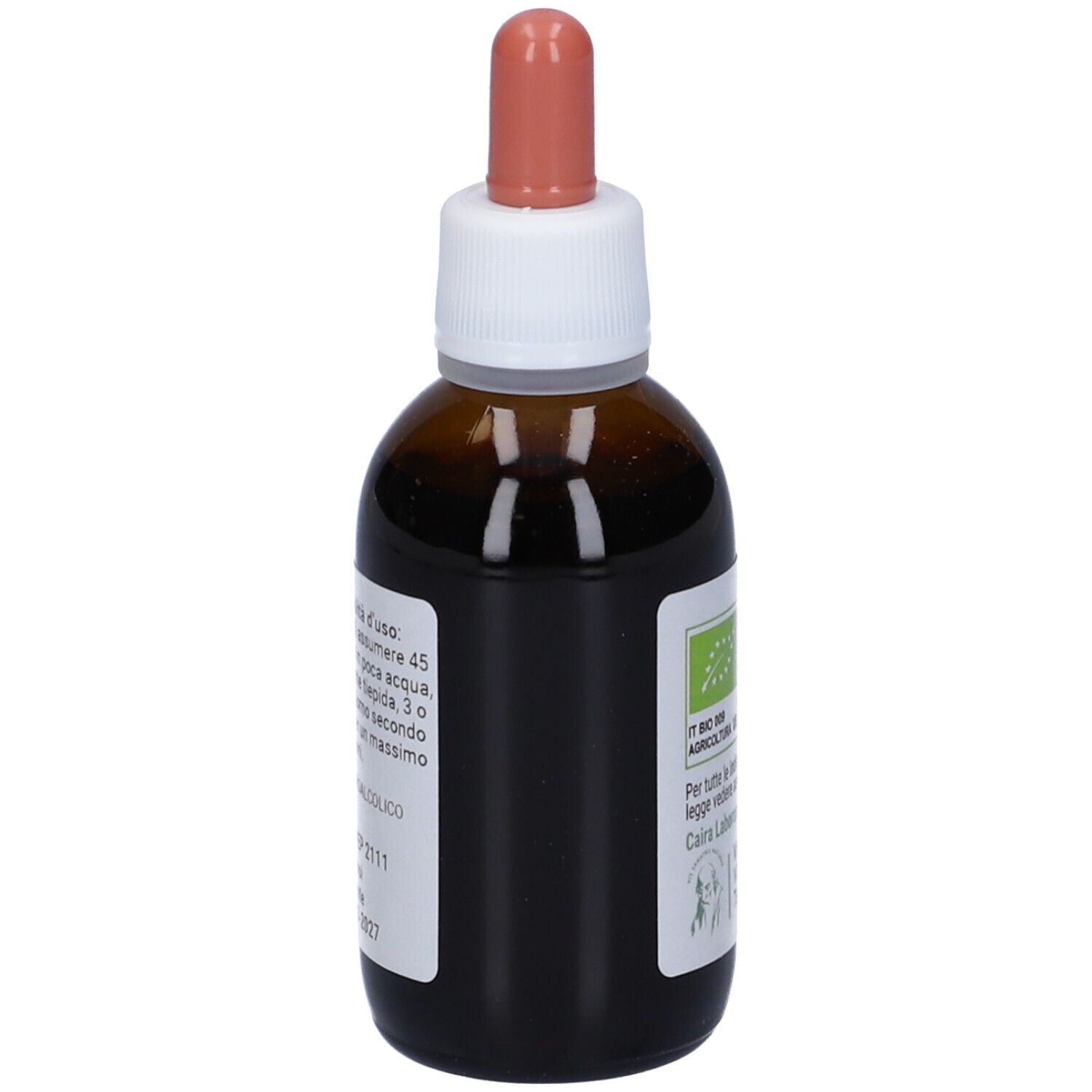 Flacone in vetro marrone con contagocce. Scritta: Caira, Nepetasativa, macerato, 50ml. Retro con testo.