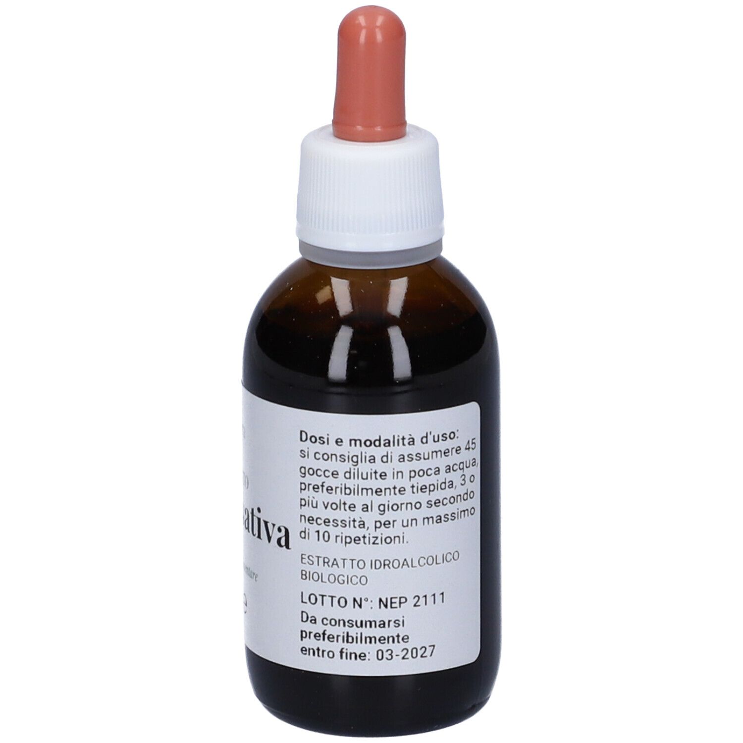 Flacone in vetro marrone con contagocce. Scritta: Caira, Nepetasativa, macerato, 50ml. Testo sul dosaggio.