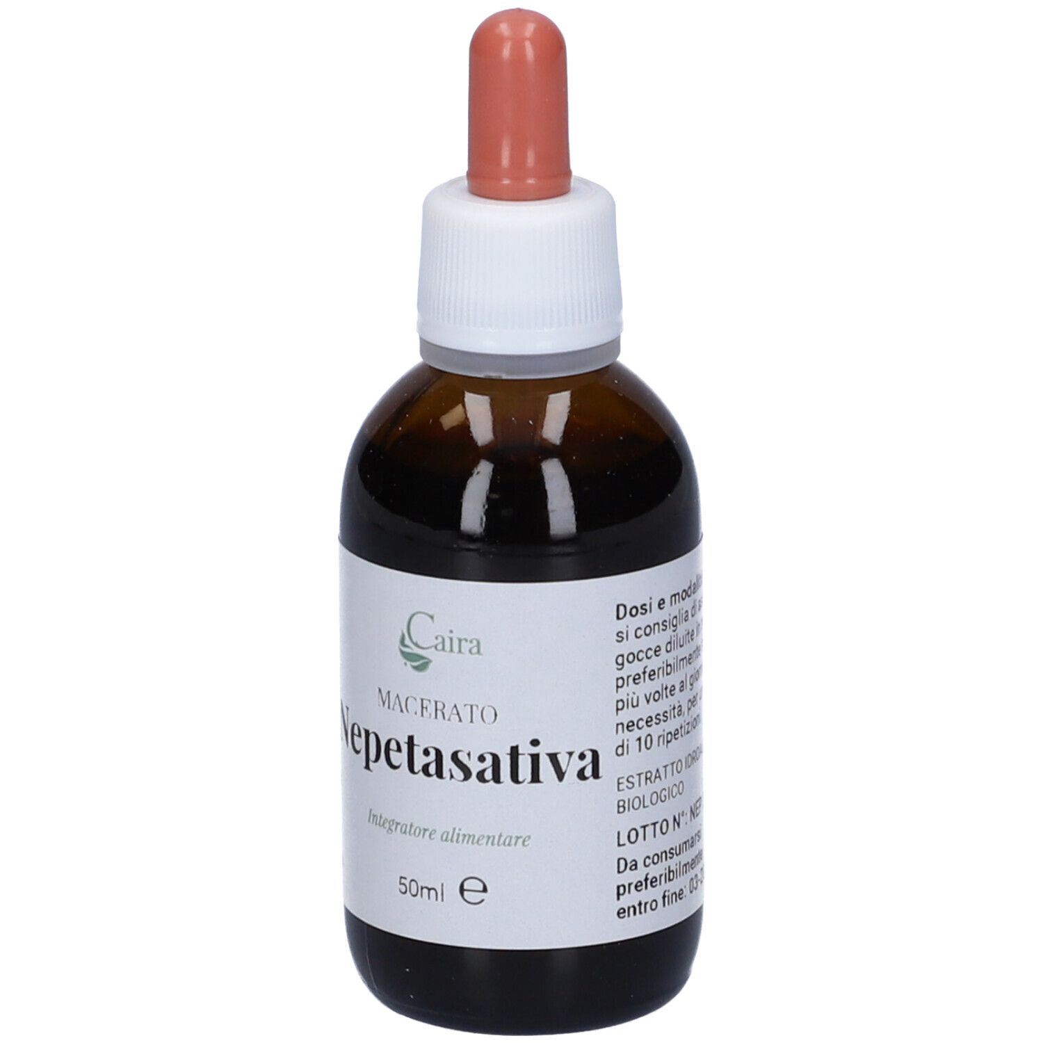 Flacone in vetro marrone con contagocce. Scritta: Caira, Nepetasativa, macerato, 50ml. Etichetta con testo.