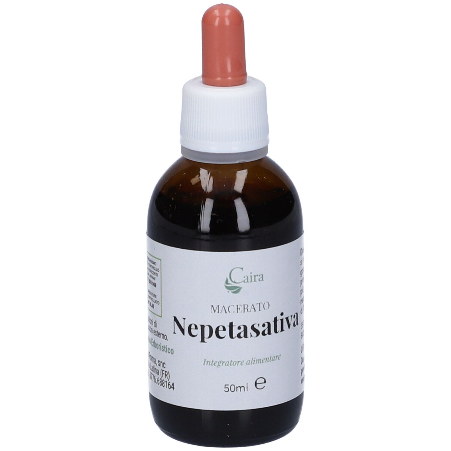 Flacone in vetro marrone con contagocce. Scritta: Caira, Nepetasativa, macerato, 50ml. Etichetta con testo.