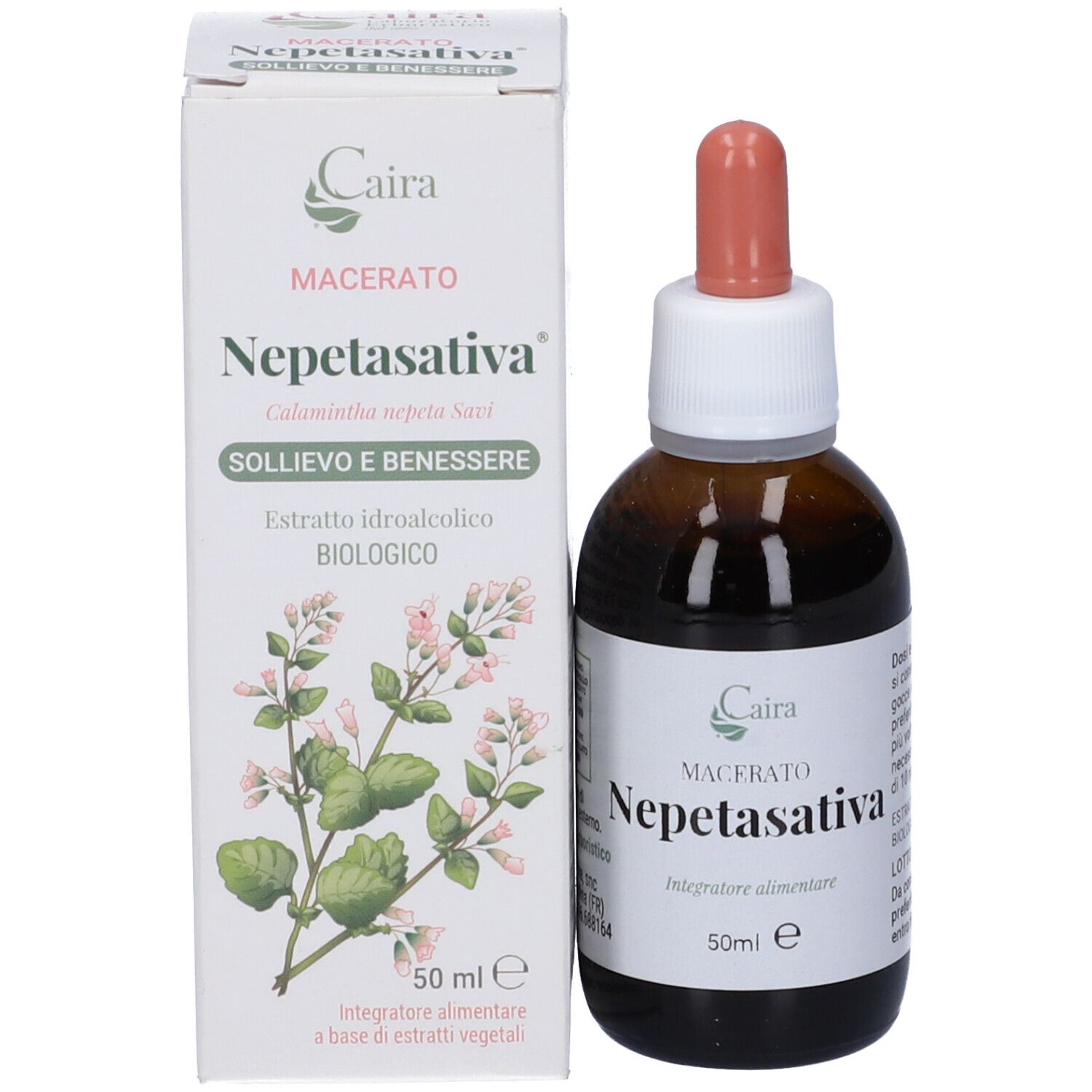 Flacone e scatola del prodotto. Scritta: Caira, Nepetasativa, macerato, 50ml. Illustrazione di pianta sulla scatola.