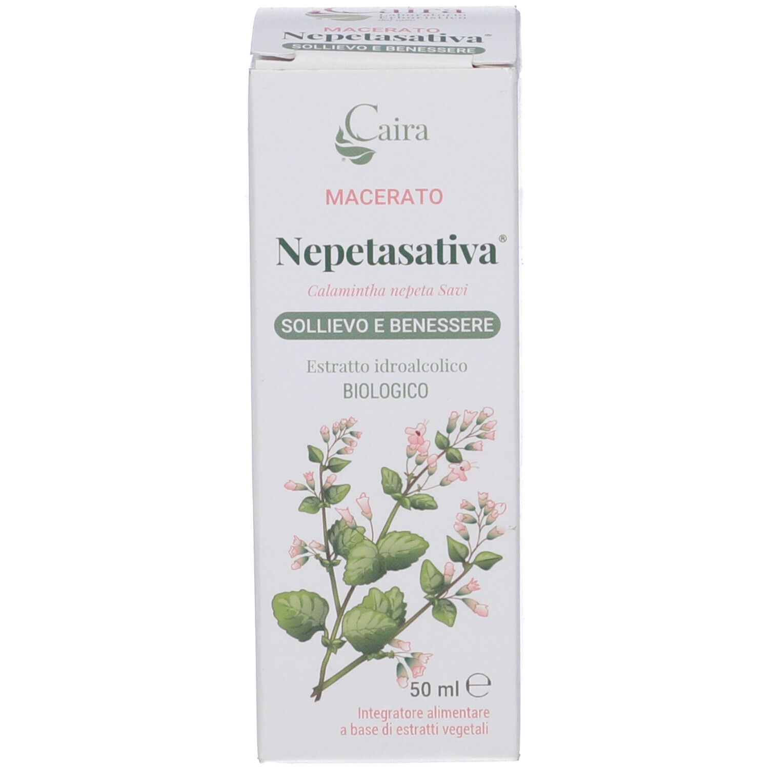 Scatola con stampa del prodotto. Scritta: Caira, Nepetasativa, macerato, 50ml. Illustrazione di pianta.