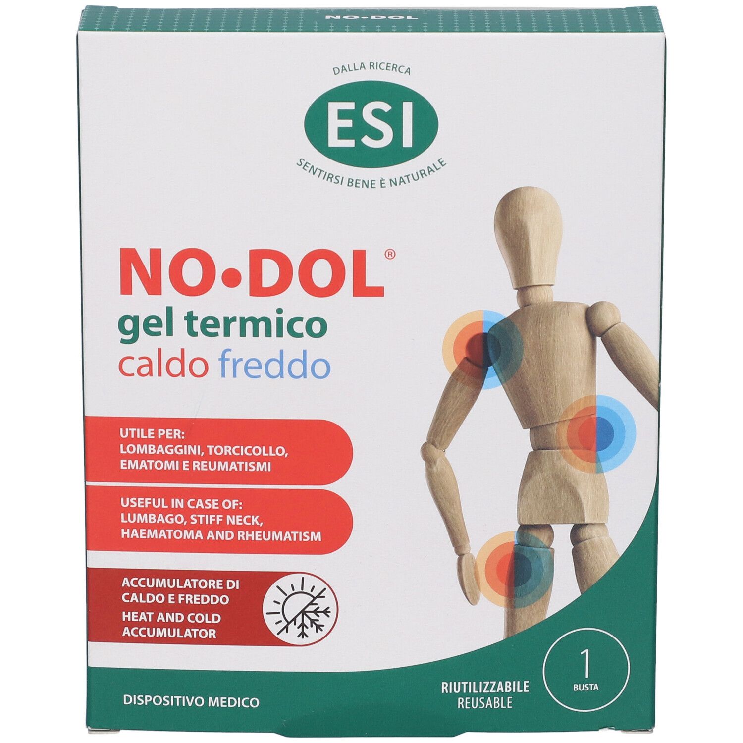 Confezione ESI NO-DOL Gel Termico Caldo Freddo con figura in legno e punti di dolore.
