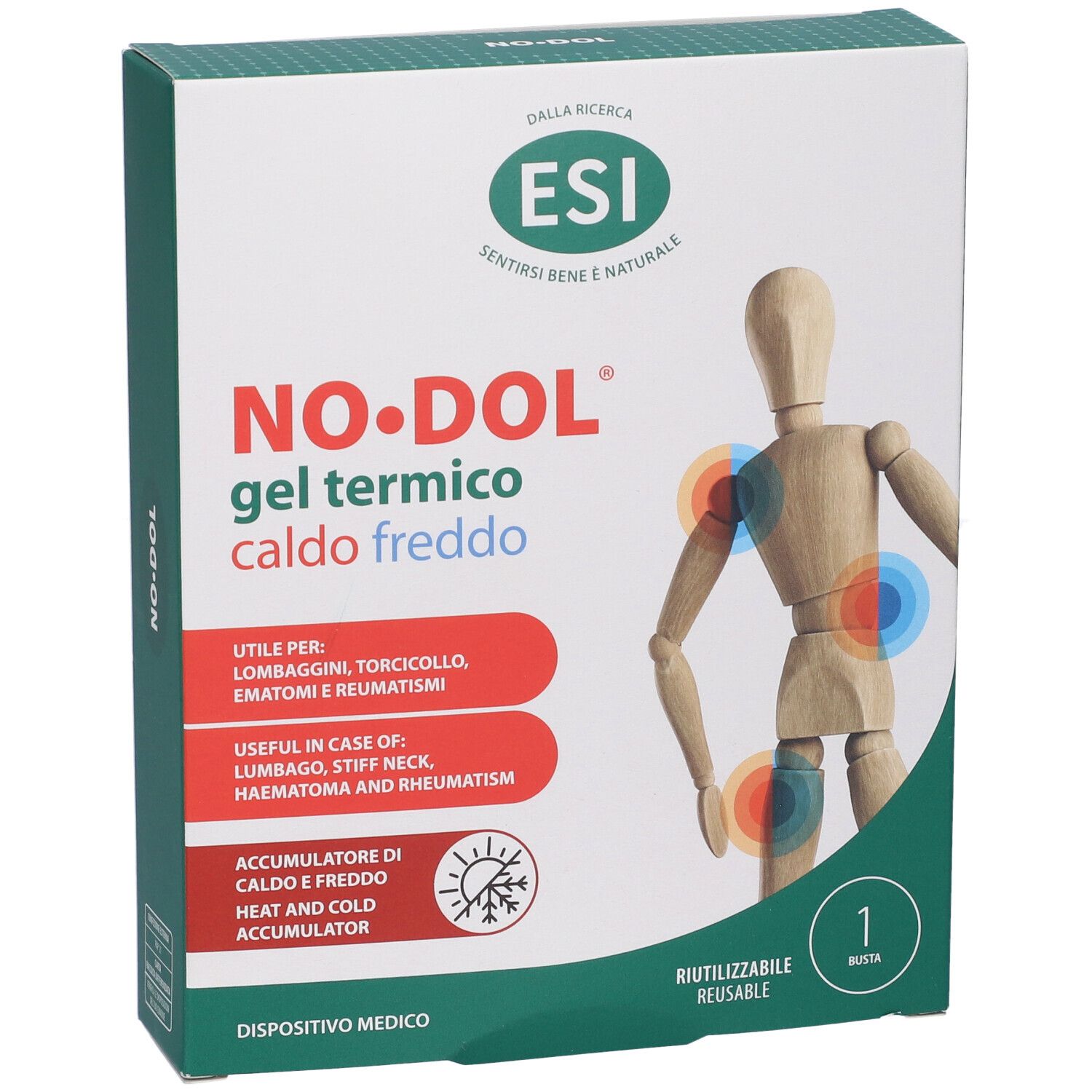 Confezione ESI NO-DOL Gel Termico Caldo Freddo con figura in legno e punti di dolore.