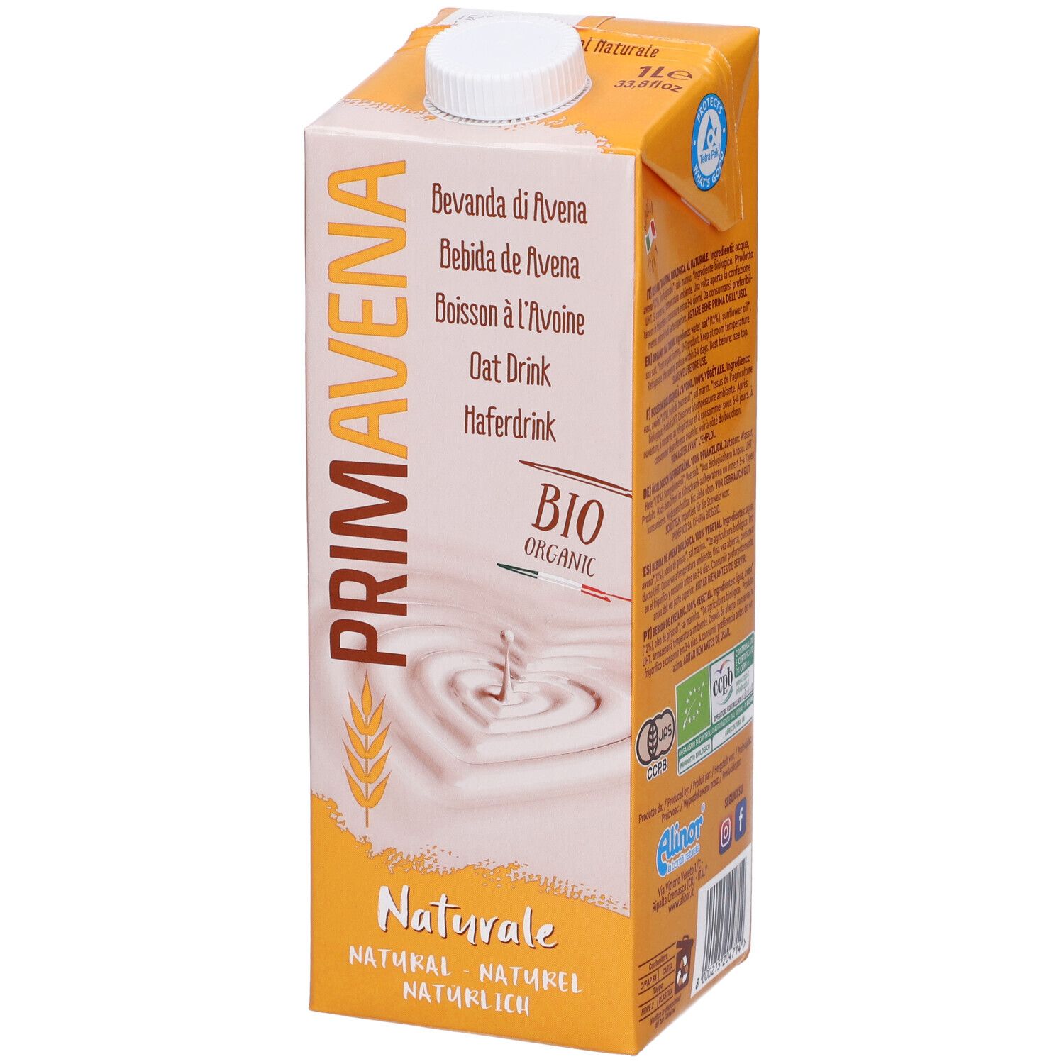 Confezione PRIMAVENA, BIO-ORGANIC, bevanda di avena. Scritta 'Naturale'. Imballaggio giallo-bianco.
