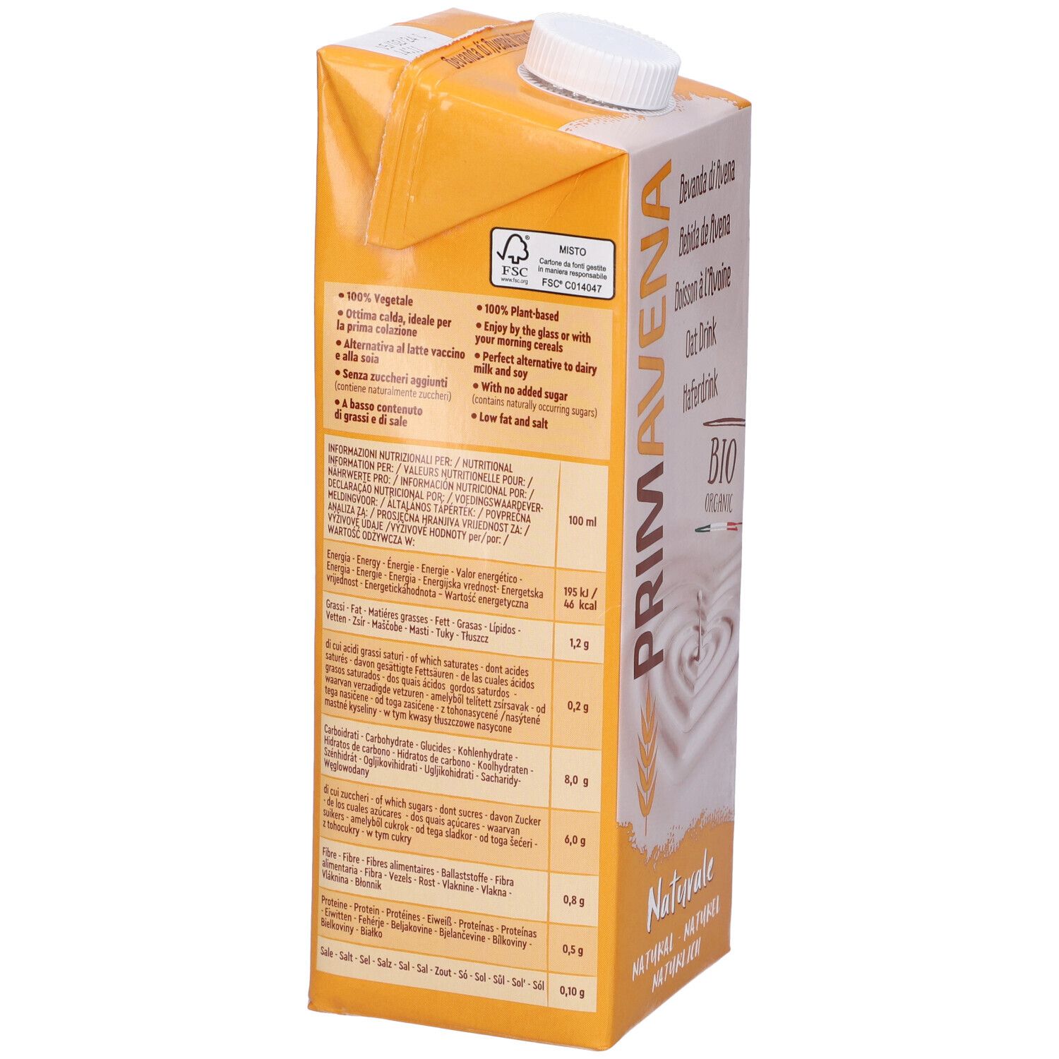 Retro della confezione con informazioni nutrizionali e testo multilingue. Imballaggio giallo-bianco.