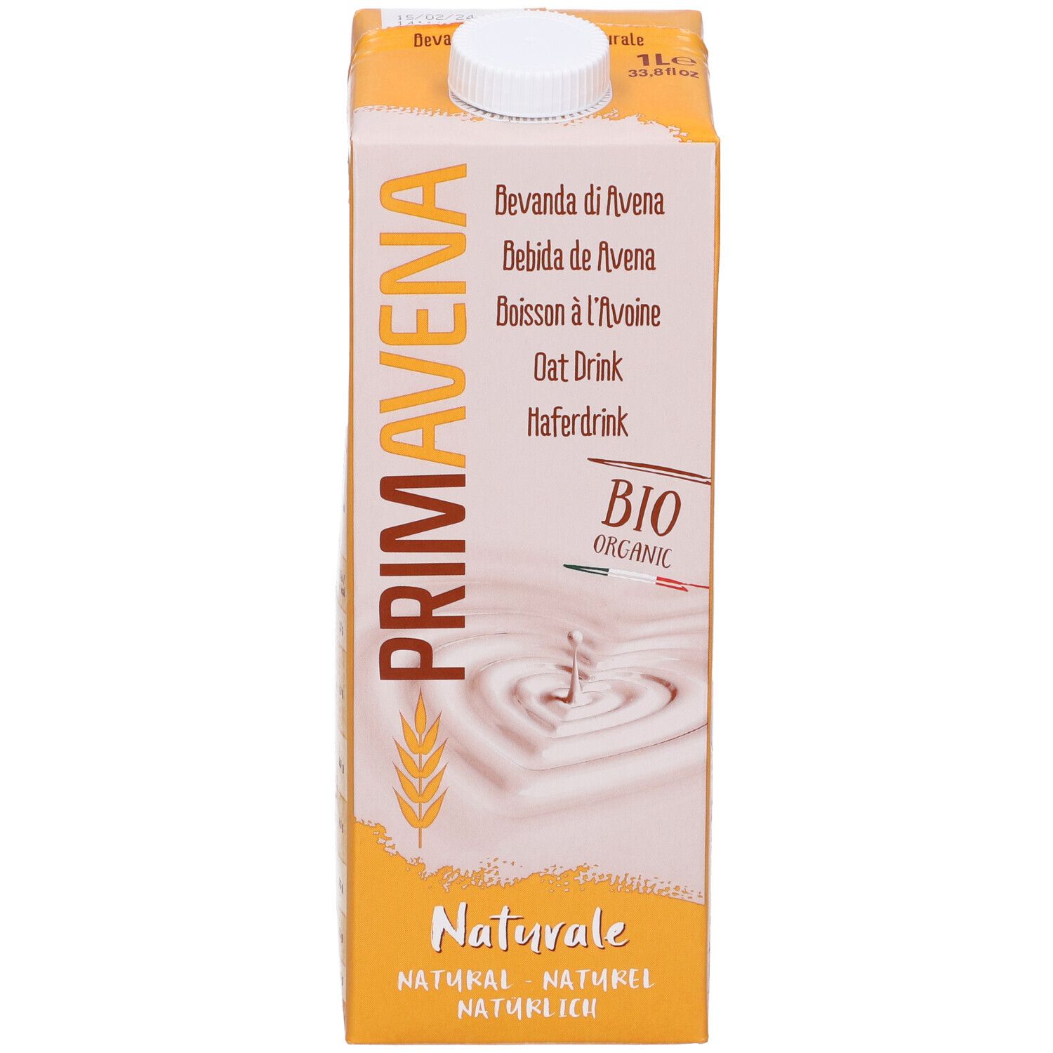 Confezione PRIMAVENA, bevanda di avena. Imballaggio giallo-bianco, tappo bianco. Logo BIO.