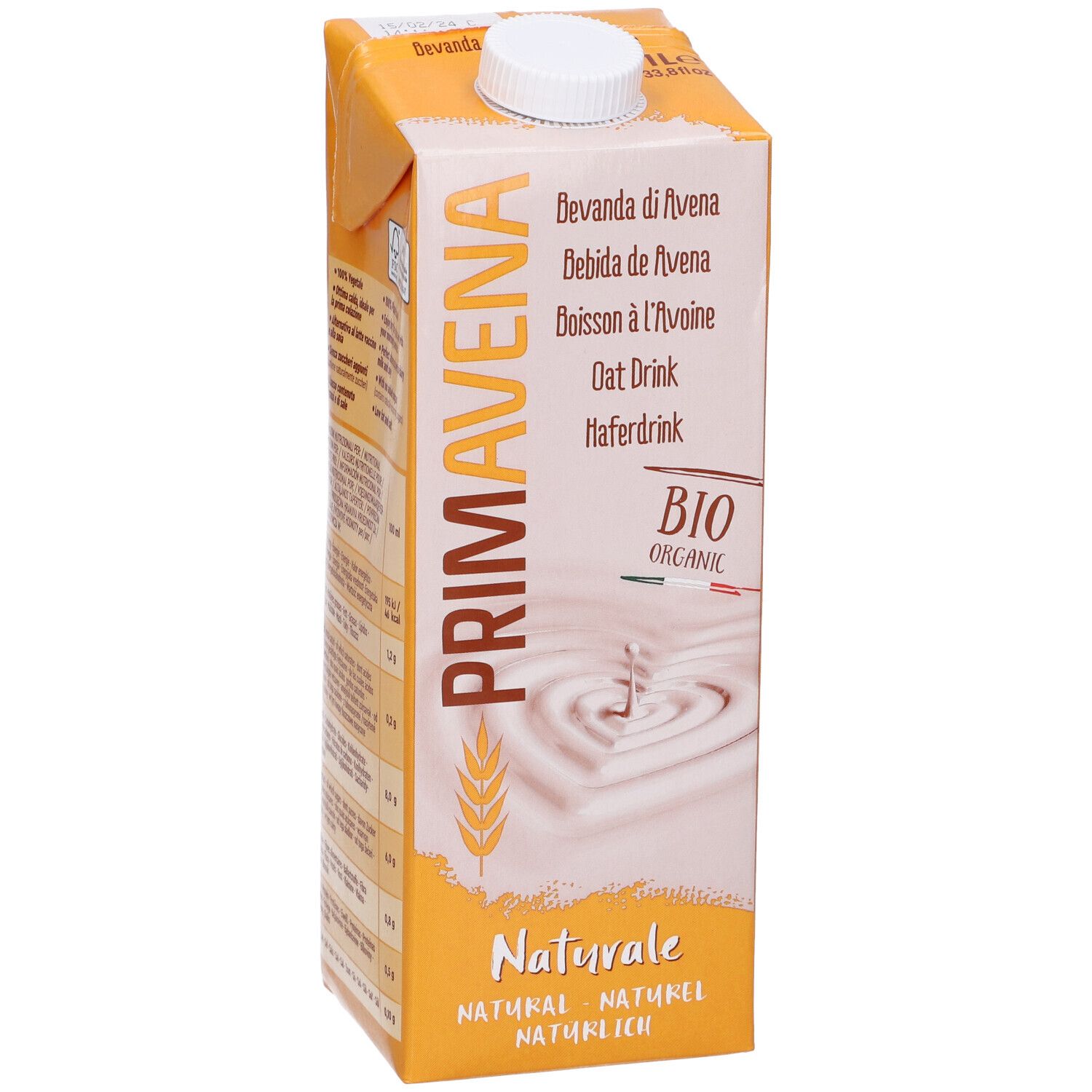 Confezione PRIMAVENA, bevanda di avena. Imballaggio giallo-bianco, tappo bianco. Logo BIO.