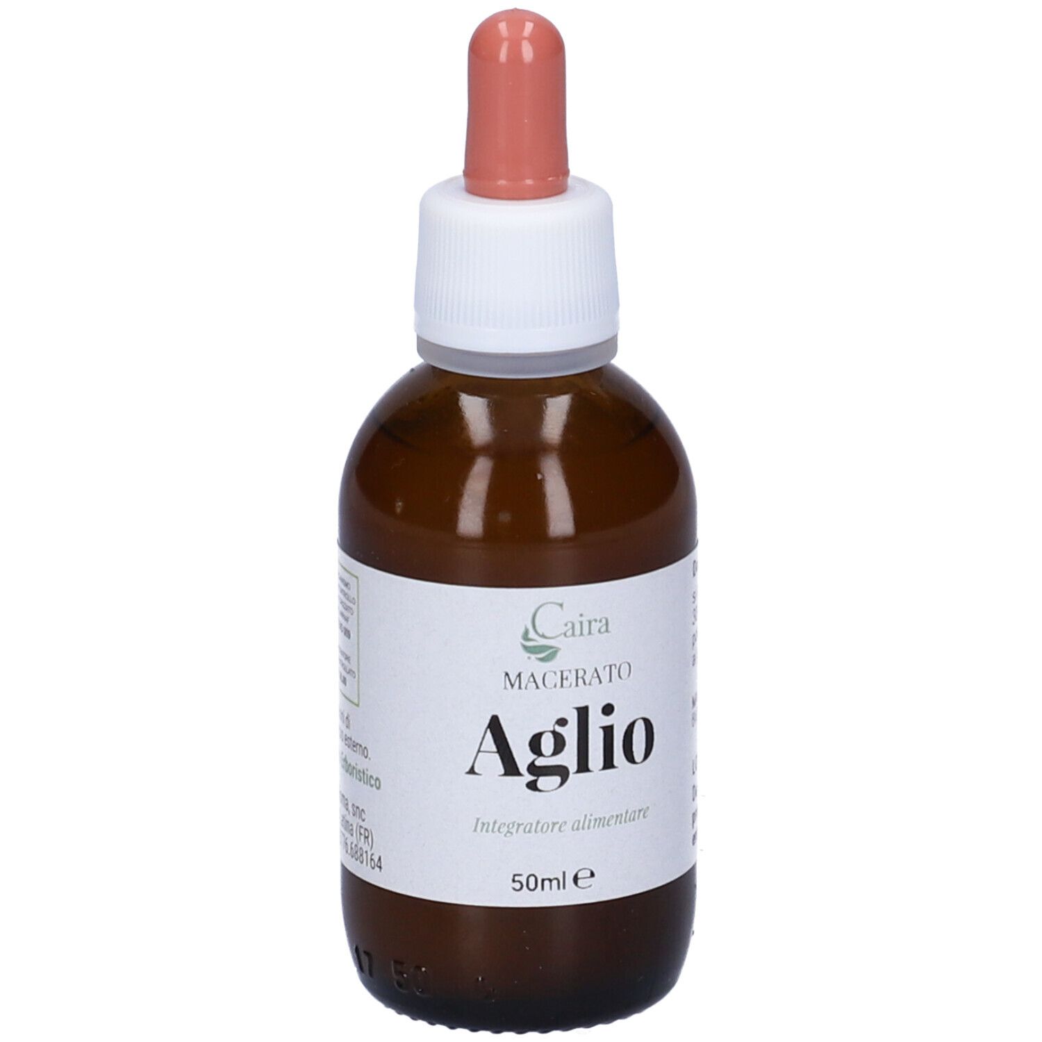 Flacone di vetro marrone con tappo bianco e contagocce rosa. Etichetta con scritta Aglio e logo Caira.