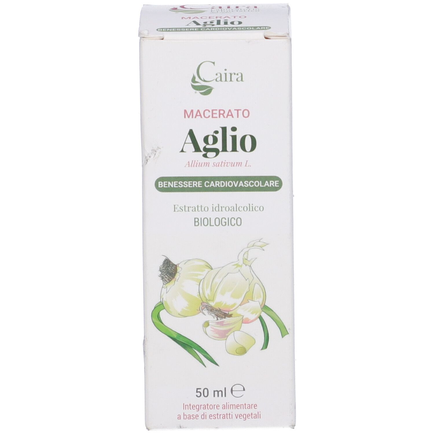 Confezione del prodotto. Scritta: Aglio, illustrazioni di aglio, testo e logo.