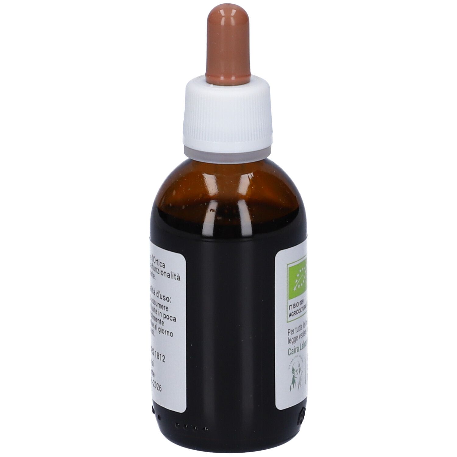 Flacone di vetro marrone con etichetta bianca. Scritta: Ursidioica, Macerato, 50ml. Pipetta marrone. Vista laterale.