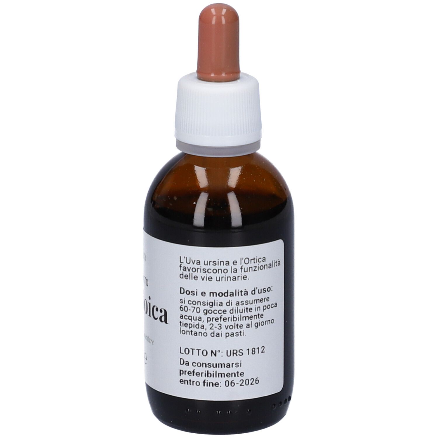 Flacone di vetro marrone con etichetta bianca. Scritta: Ursidioica, Macerato, 50ml. Istruzioni per il dosaggio. Pipetta marrone.