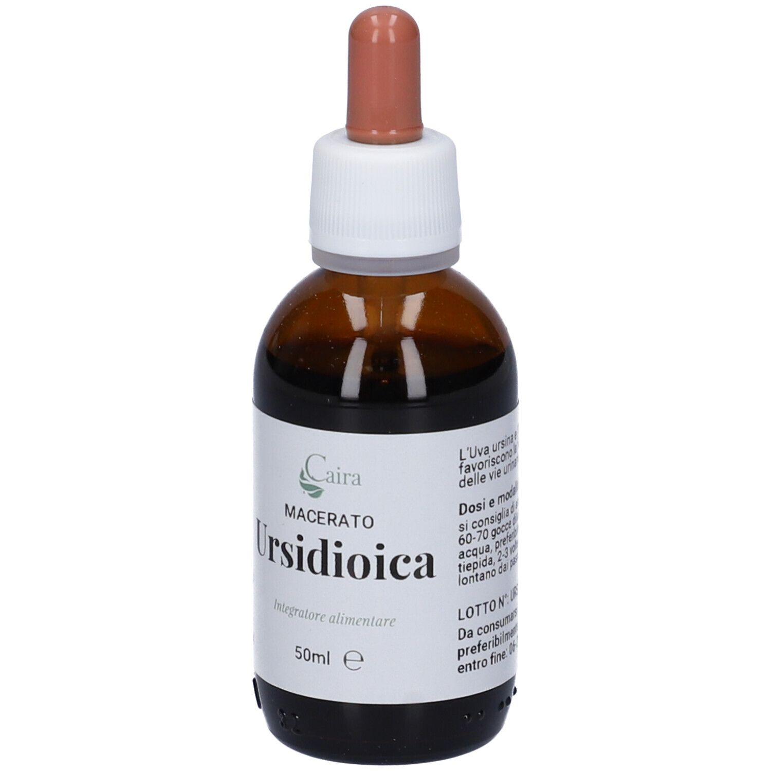 Flacone di vetro marrone con etichetta bianca. Scritta: Ursidioica, Macerato, 50ml. Pipetta marrone. Primo piano.