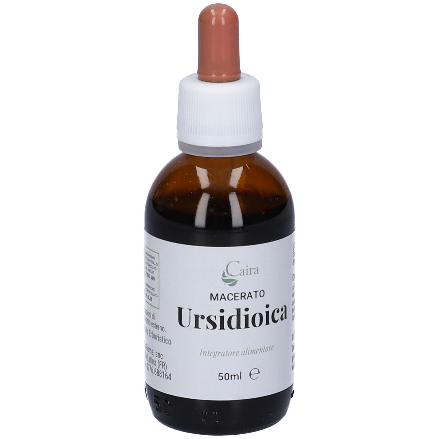Flacone di vetro marrone con etichetta bianca. Scritta: Ursidioica, Macerato, 50ml. Pipetta marrone. Primo piano.