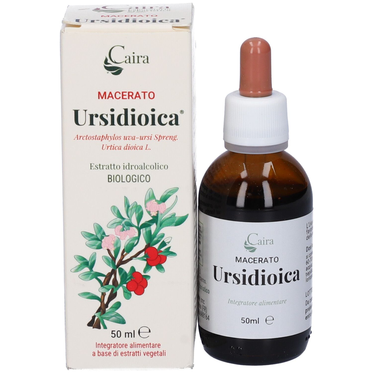 Flacone e confezione del prodotto. Scritta: Ursidioica, Macerato, 50ml. Flacone marrone con pipetta. Confezione bianca.