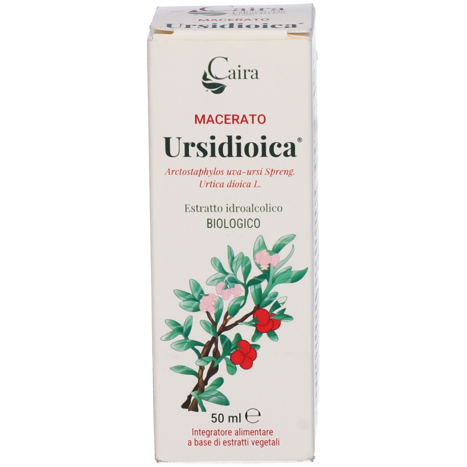 Confezione bianca con immagine del prodotto. Scritta: Ursidioica, Macerato, 50ml. Illustrazione di piante.