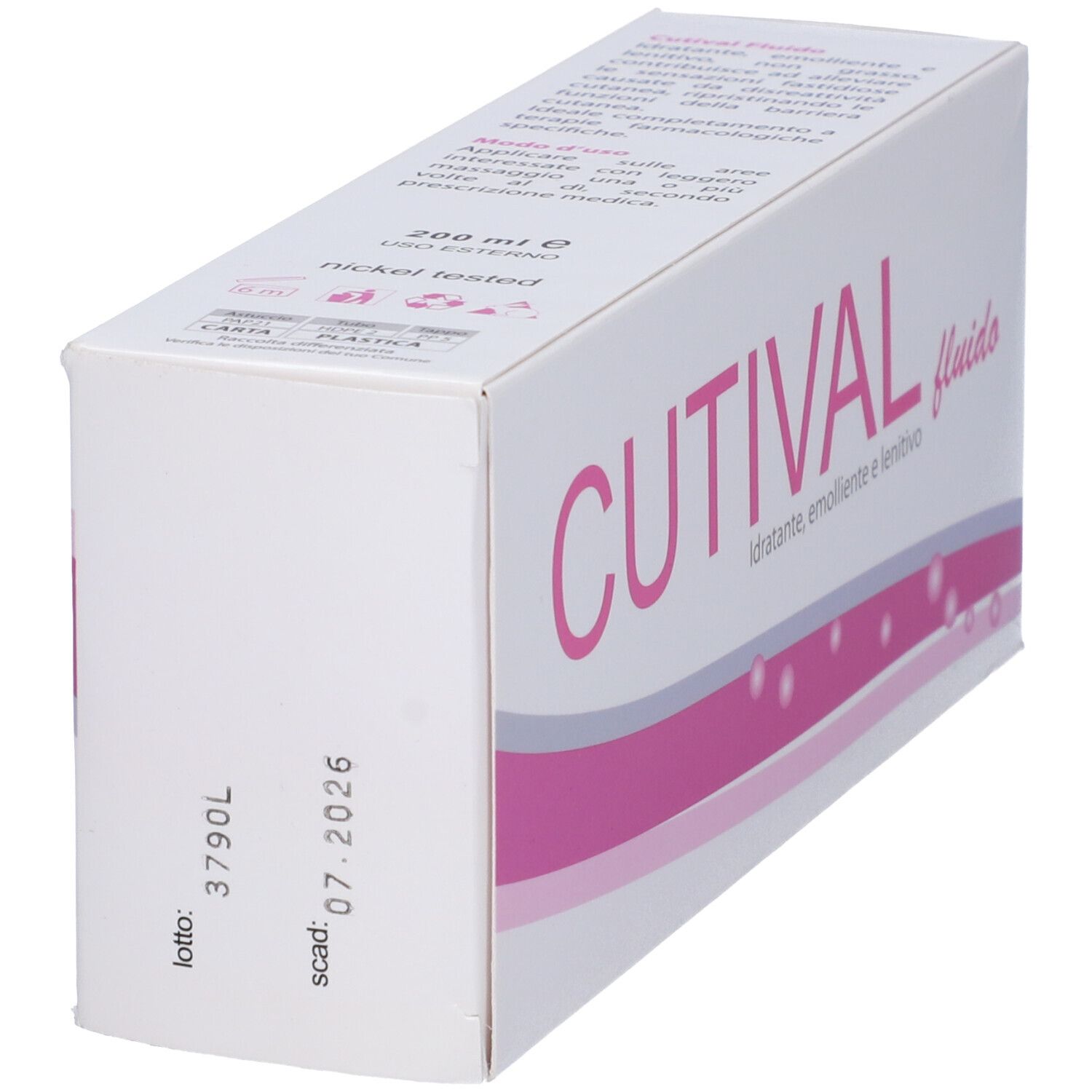 Scatola con scritta rosa CUTIVAL. Stampa: Idratante, emolliente e lenitivo. Sul lato: 200 ml, scad. 07.2026.