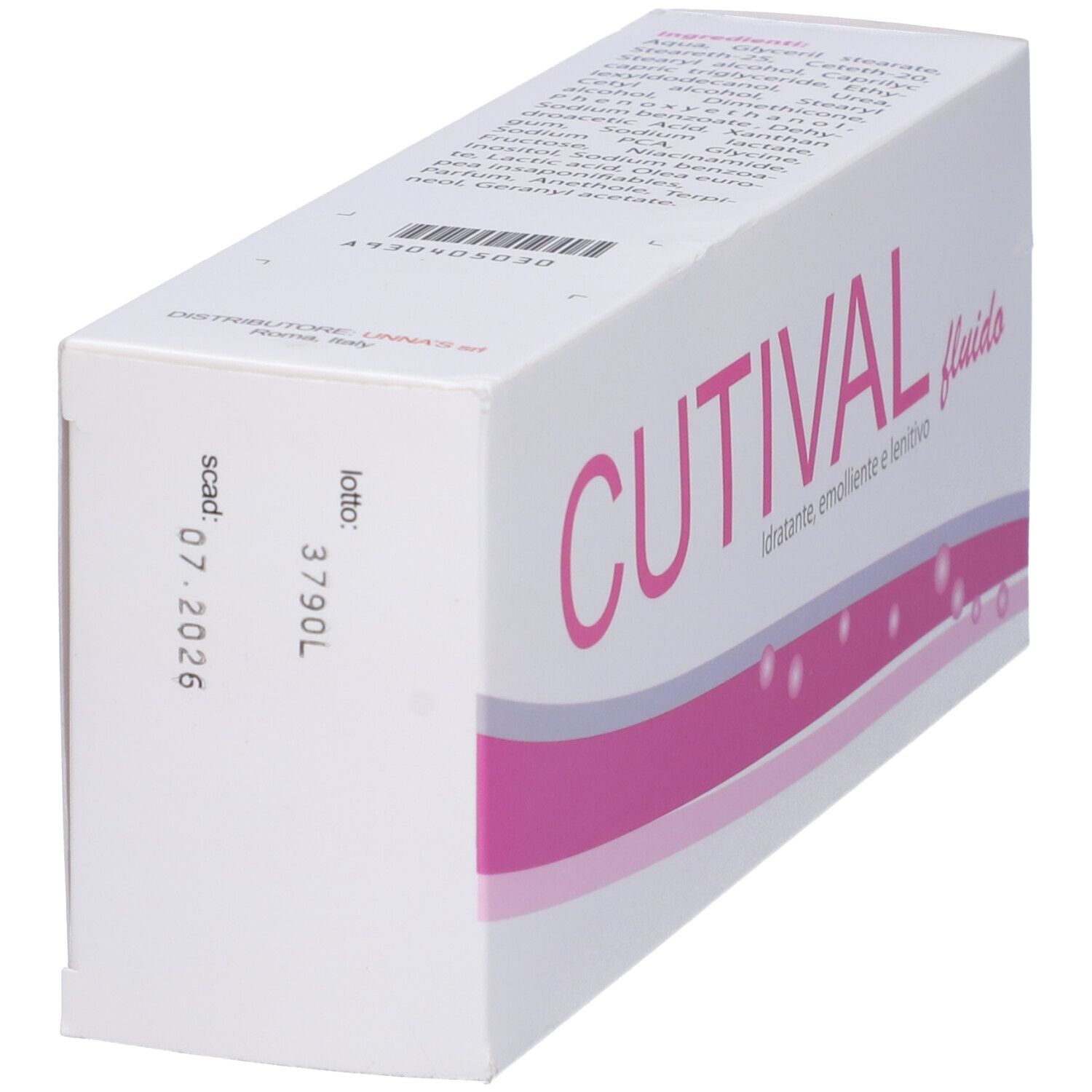 Scatola con scritta rosa CUTIVAL. Stampa: Idratante, emolliente e lenitivo. Sul lato: scad. 07.2026.