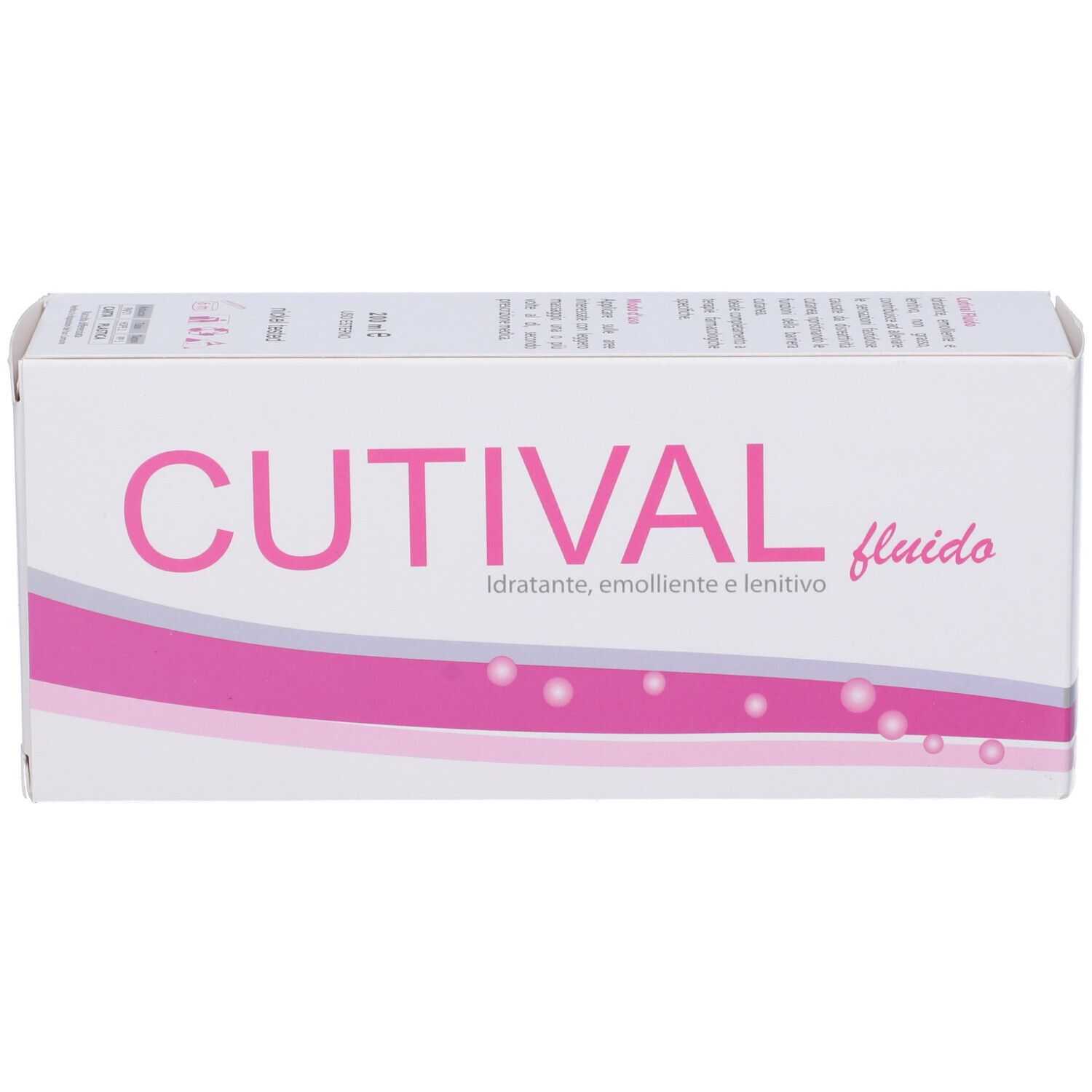 Scatola bianca con scritta rosa CUTIVAL e denominazione del prodotto. Stampa: Idratante, emolliente e lenitivo.