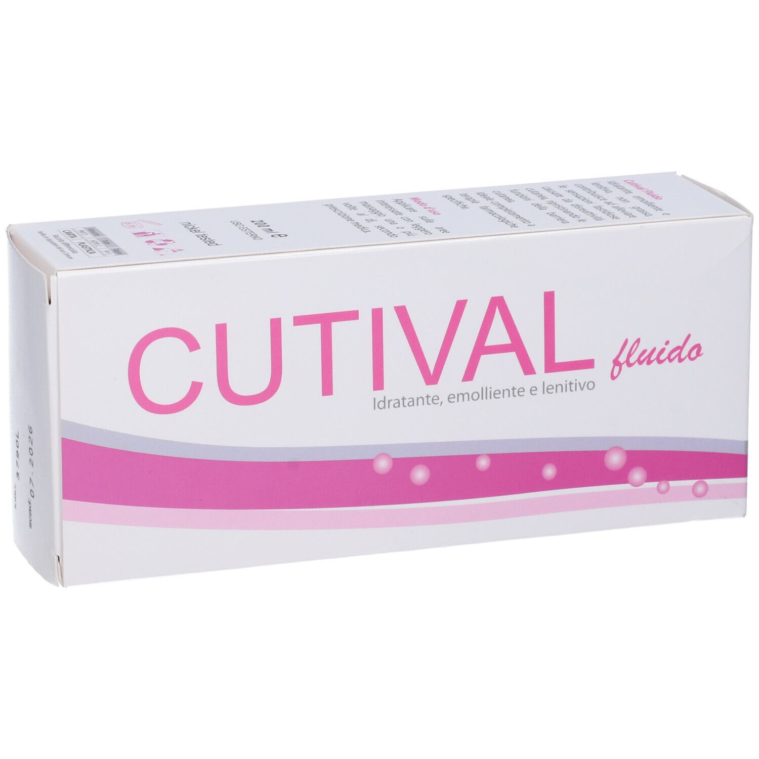Scatola bianca con scritta rosa CUTIVAL e denominazione del prodotto. Stampa: Idratante, emolliente e lenitivo.