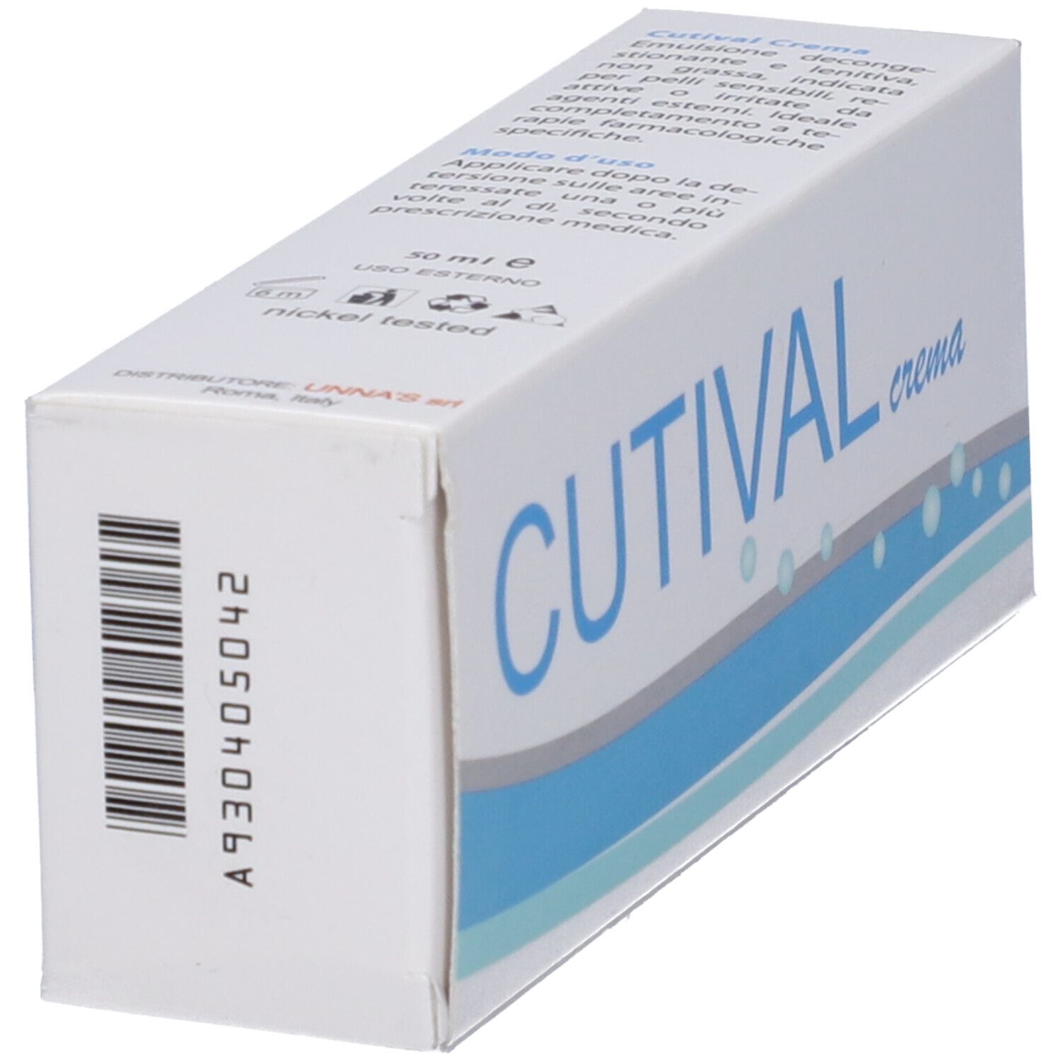 Scatola bianca con banda blu e scritta CUTIVAL crema. Codice a barre e testo sul lato della scatola.