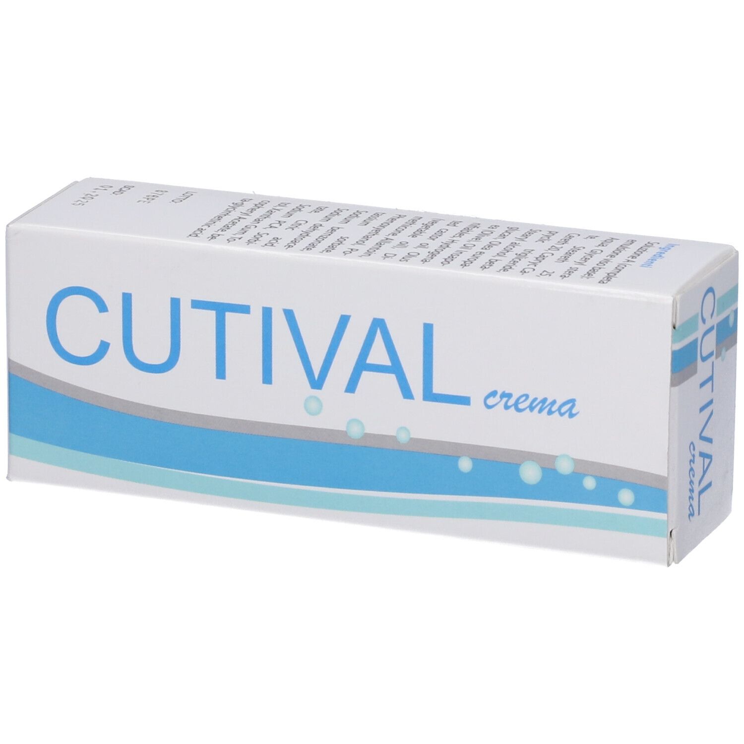 Scatola bianca con banda blu e scritta CUTIVAL crema. Informazioni e punti blu sulla scatola.