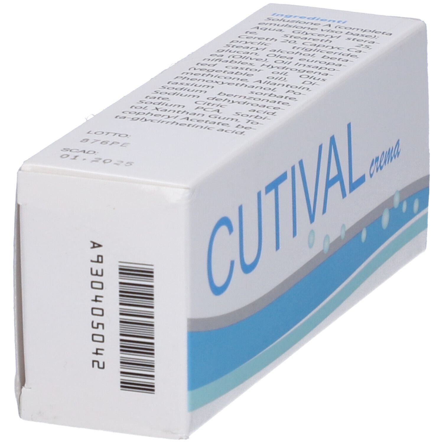 Scatola bianca con banda blu e scritta CUTIVAL crema. Elenco ingredienti e testo sul lato della scatola.