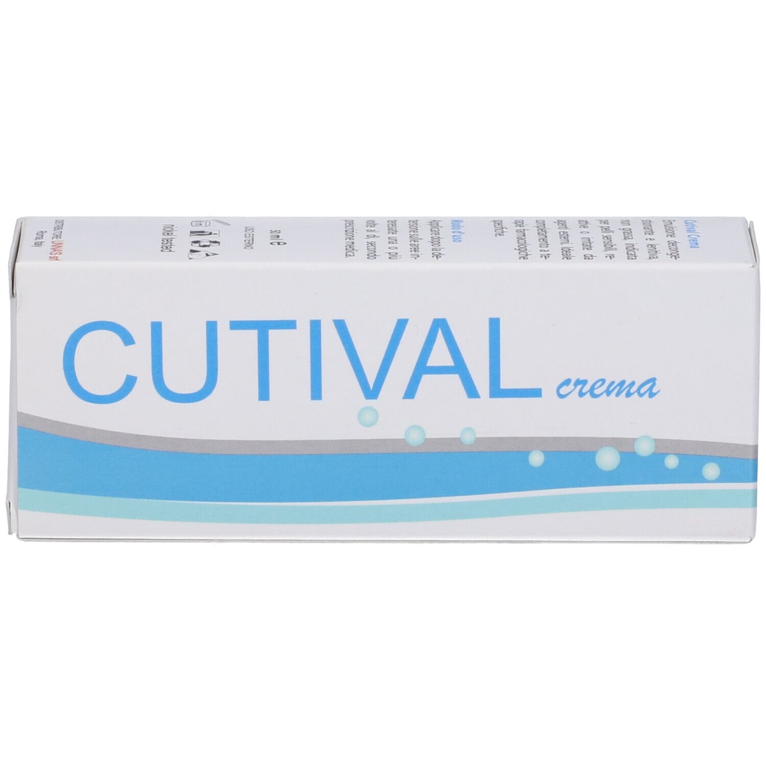 Scatola bianca con banda blu e scritta CUTIVAL crema. Informazioni e punti blu sulla scatola.