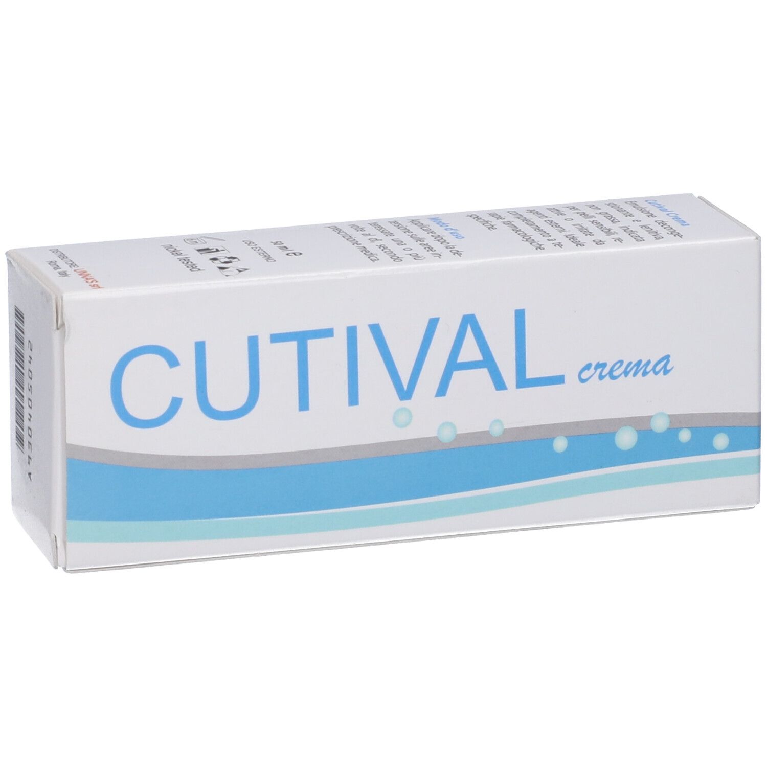 Scatola bianca con banda blu e scritta CUTIVAL crema. Informazioni sul prodotto sulla scatola.