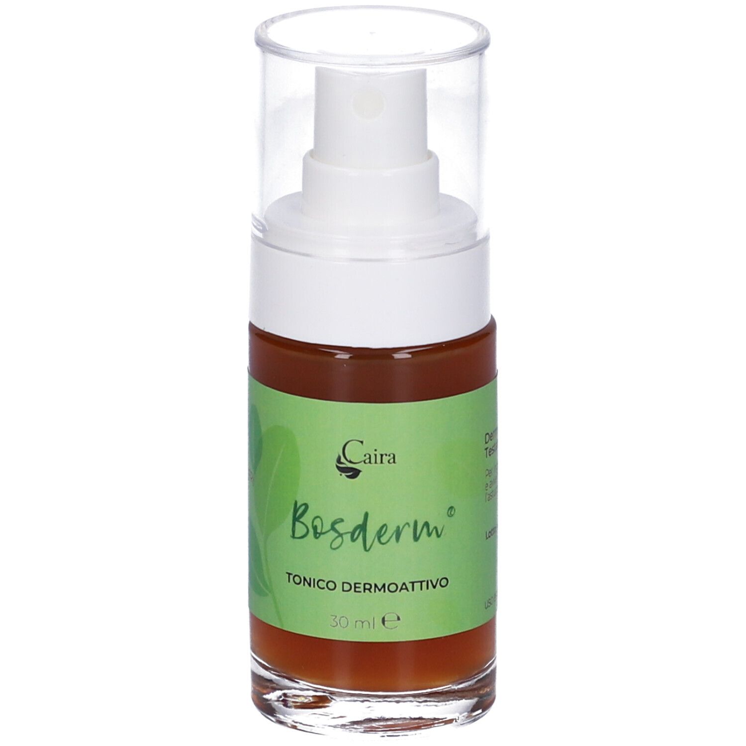 Spray Bosderm Caira, liquido marrone in flacone di vetro con spruzzatore. Etichetta verde con logo e testo.
