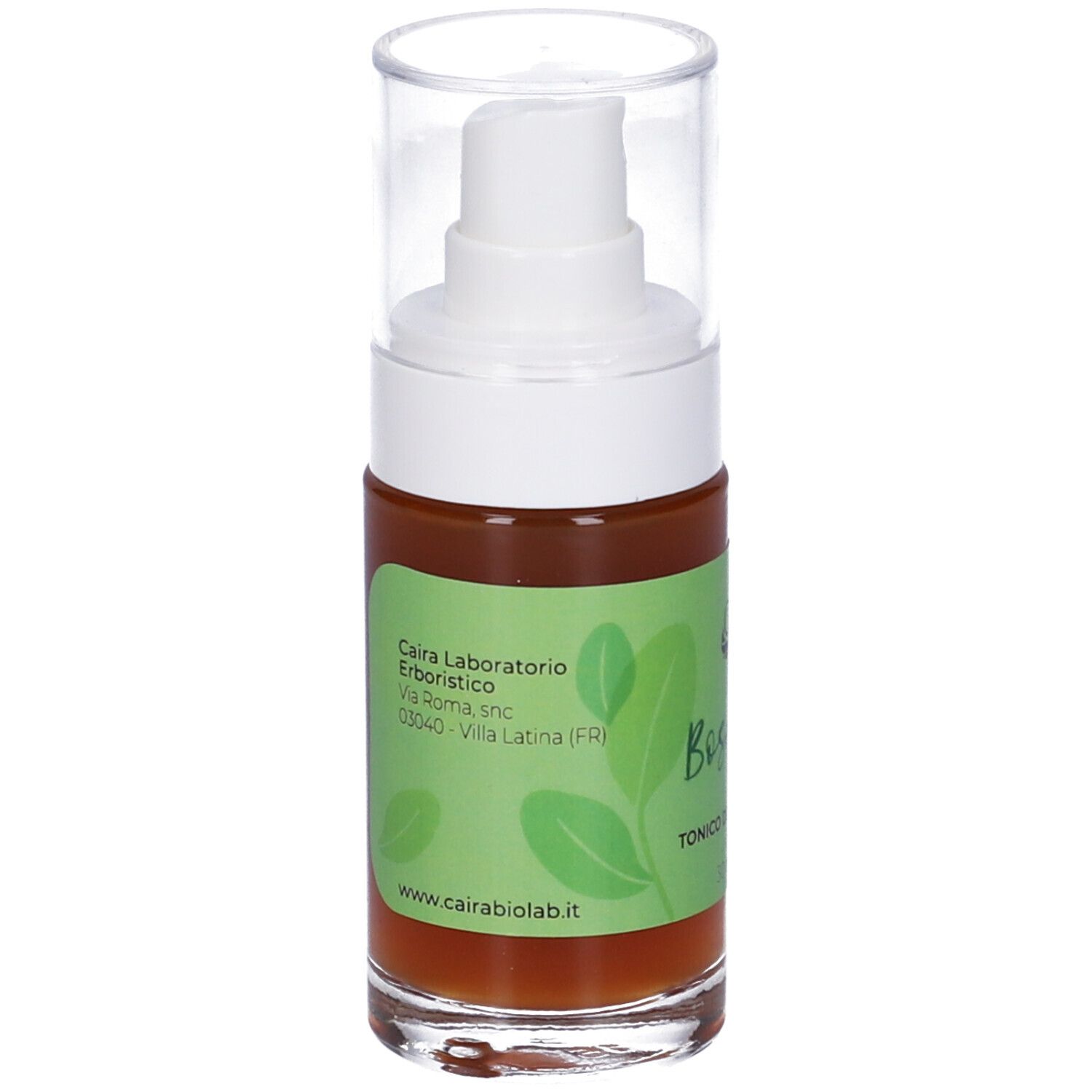 Spray Bosderm Caira, liquido marrone in flacone di vetro con spruzzatore. Etichetta verde con logo e testo.