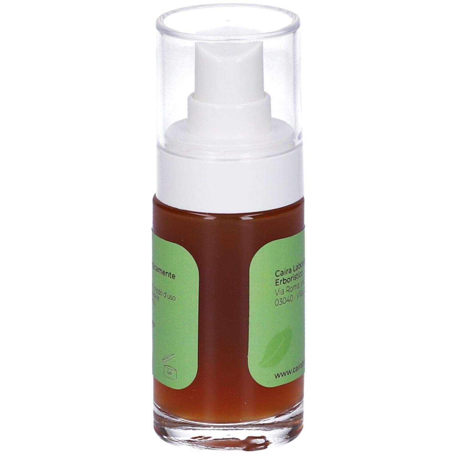 Spray Bosderm Caira, liquido marrone in flacone di vetro con spruzzatore. Etichetta verde con logo e testo.