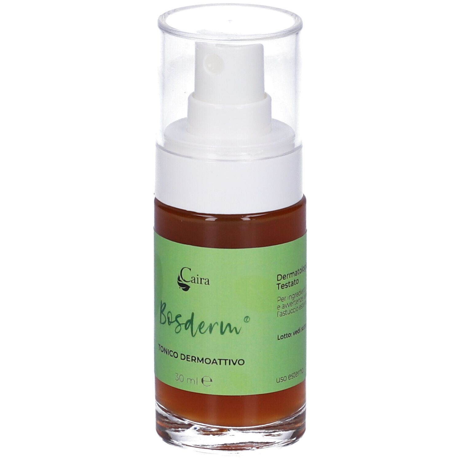Spray Bosderm Caira, liquido marrone in flacone di vetro con spruzzatore. Etichetta verde con logo e testo.