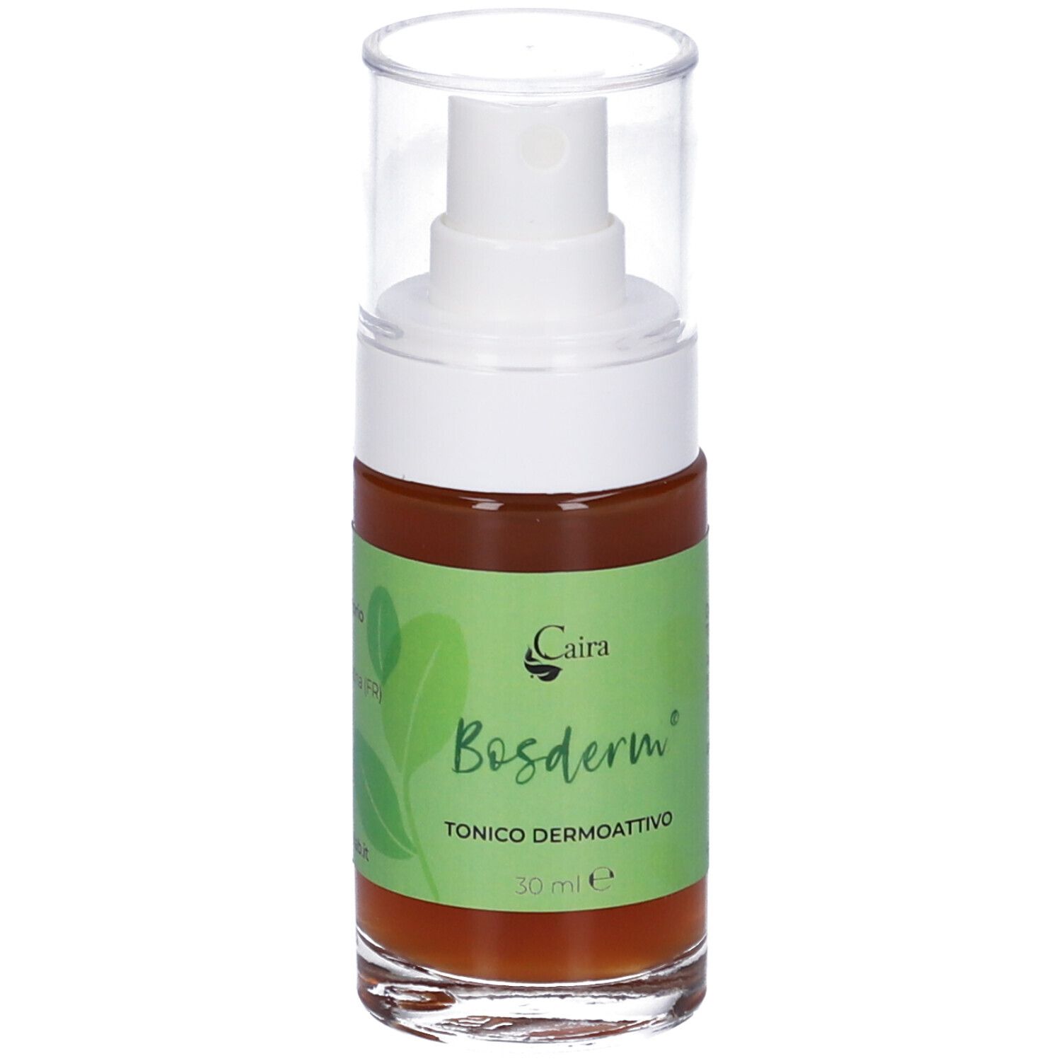 Spray Bosderm Caira, liquido marrone in flacone di vetro con spruzzatore. Etichetta verde con logo e testo.