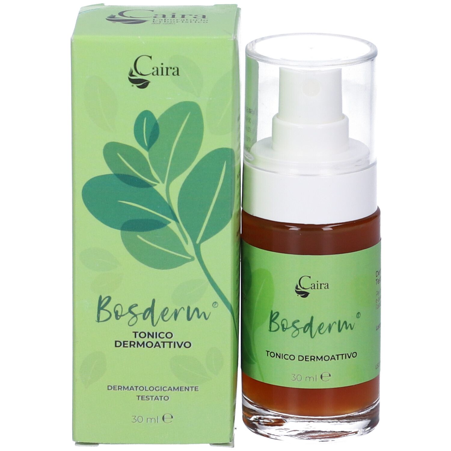 Spray Bosderm Caira e confezione. Flacone con spruzzatore e confezione verde con logo e testo.