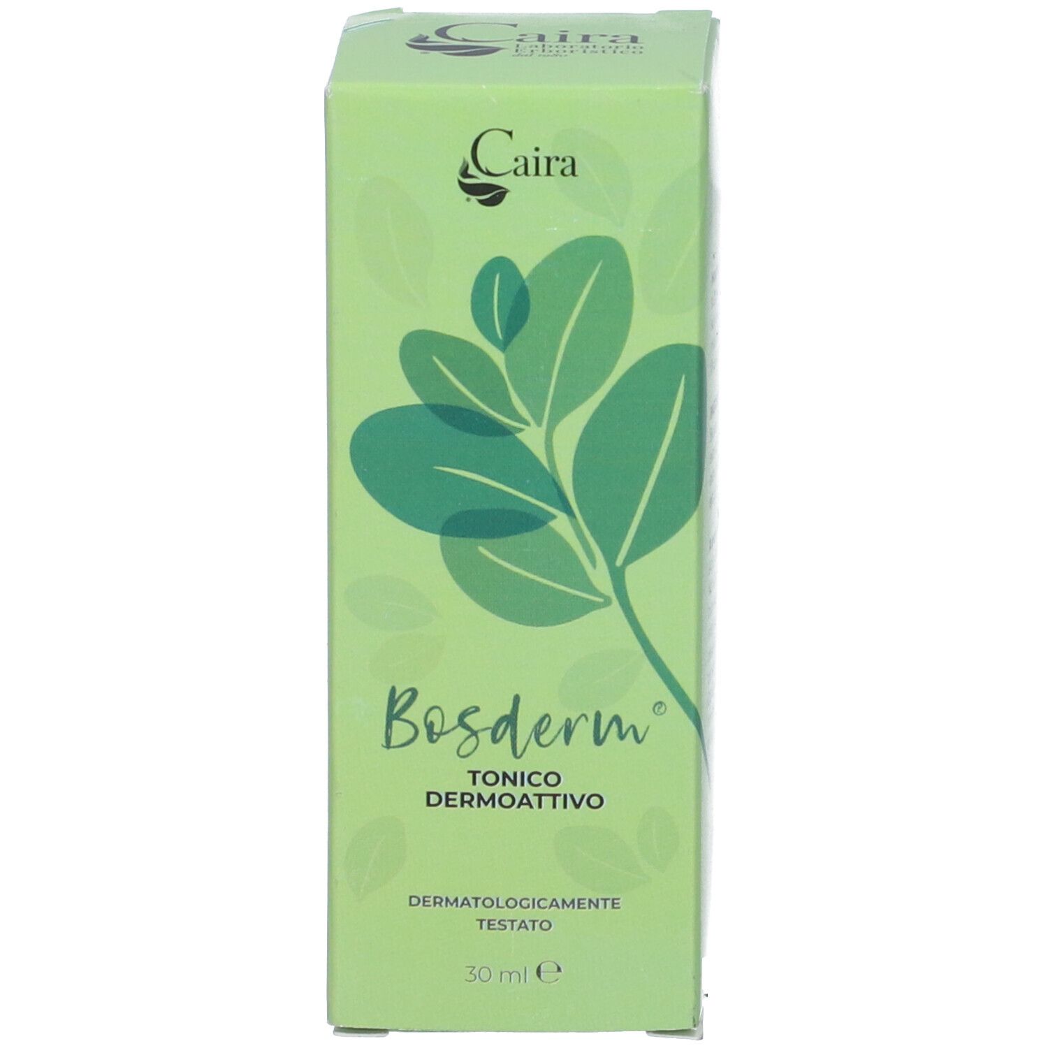 Confezione verde per spray Bosderm Caira. Logo e nome del prodotto sulla confezione.