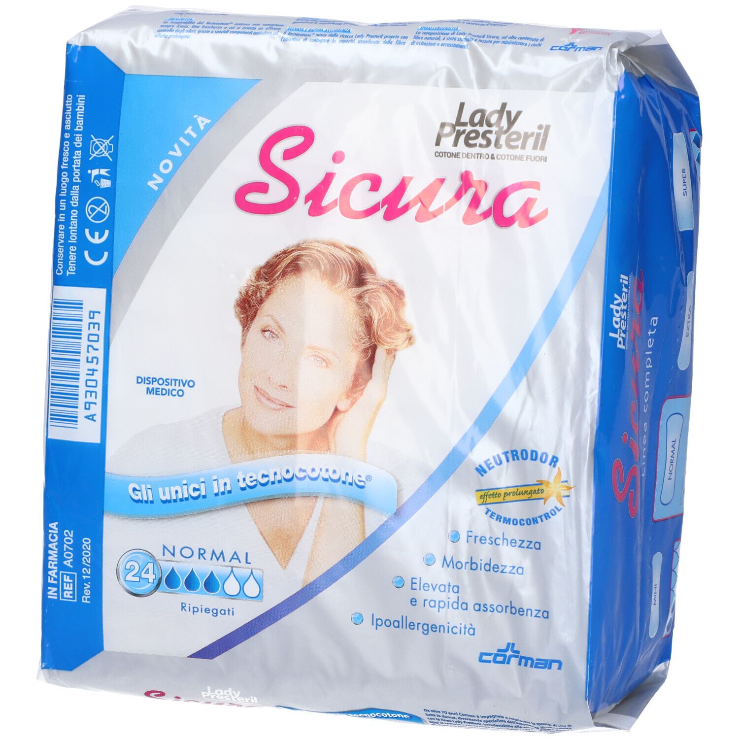 Assorbenti Sicura Normal, 24 pezzi. Confezione con volto di donna e caratteristiche del prodotto.