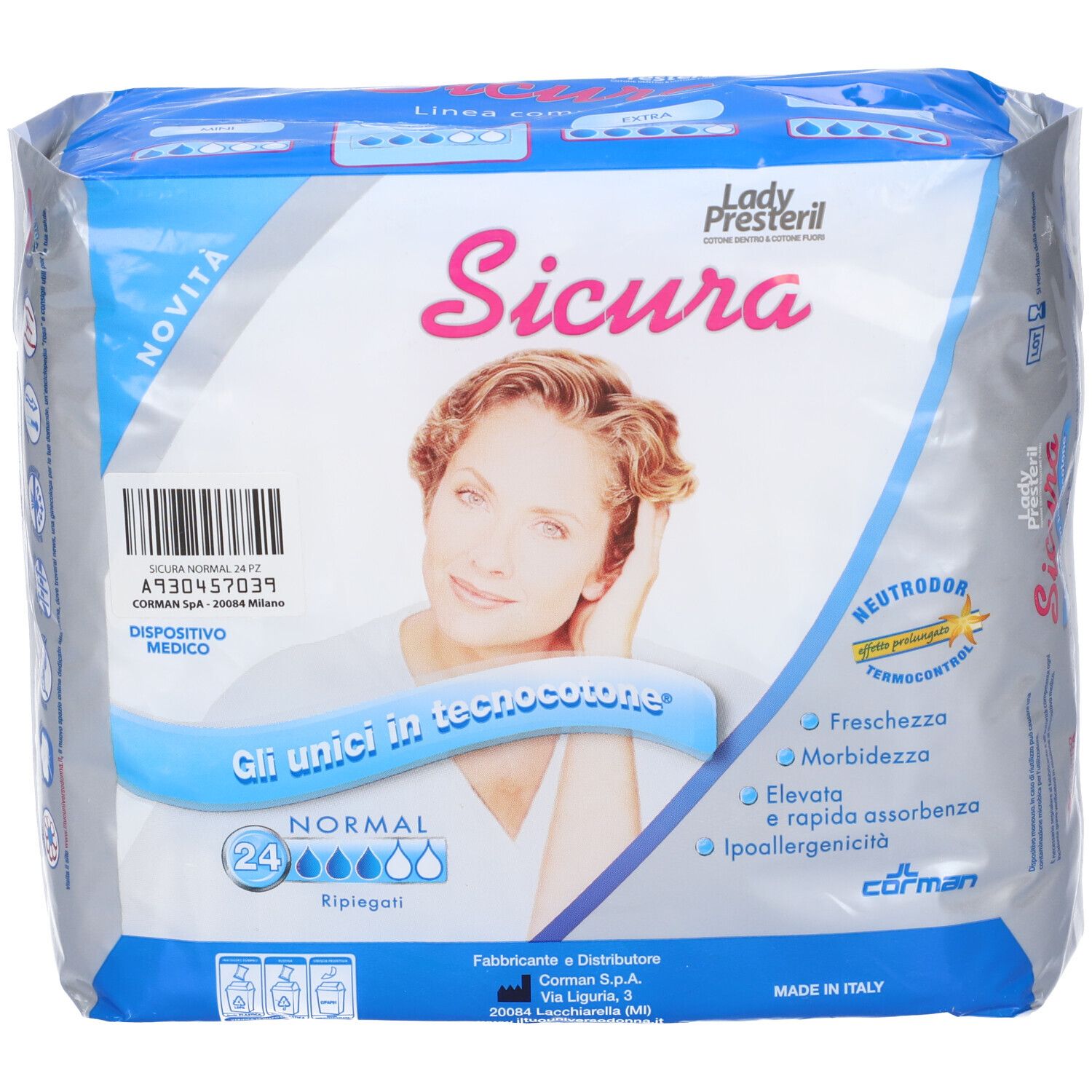 Assorbenti Sicura Normal, 24 pezzi. Confezione con volto di donna e caratteristiche del prodotto.