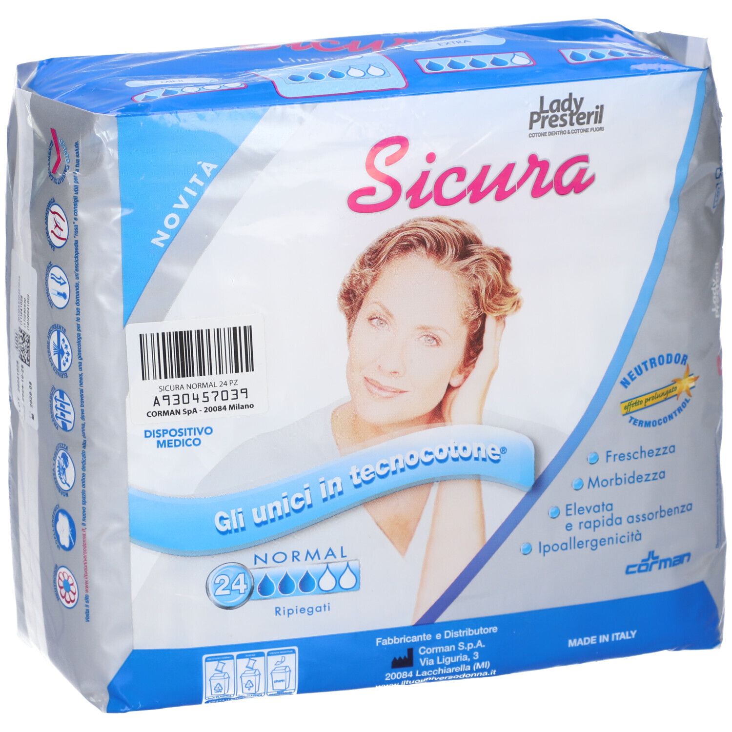 Assorbenti Sicura Normal, 24 pezzi. Confezione con volto di donna e caratteristiche del prodotto.