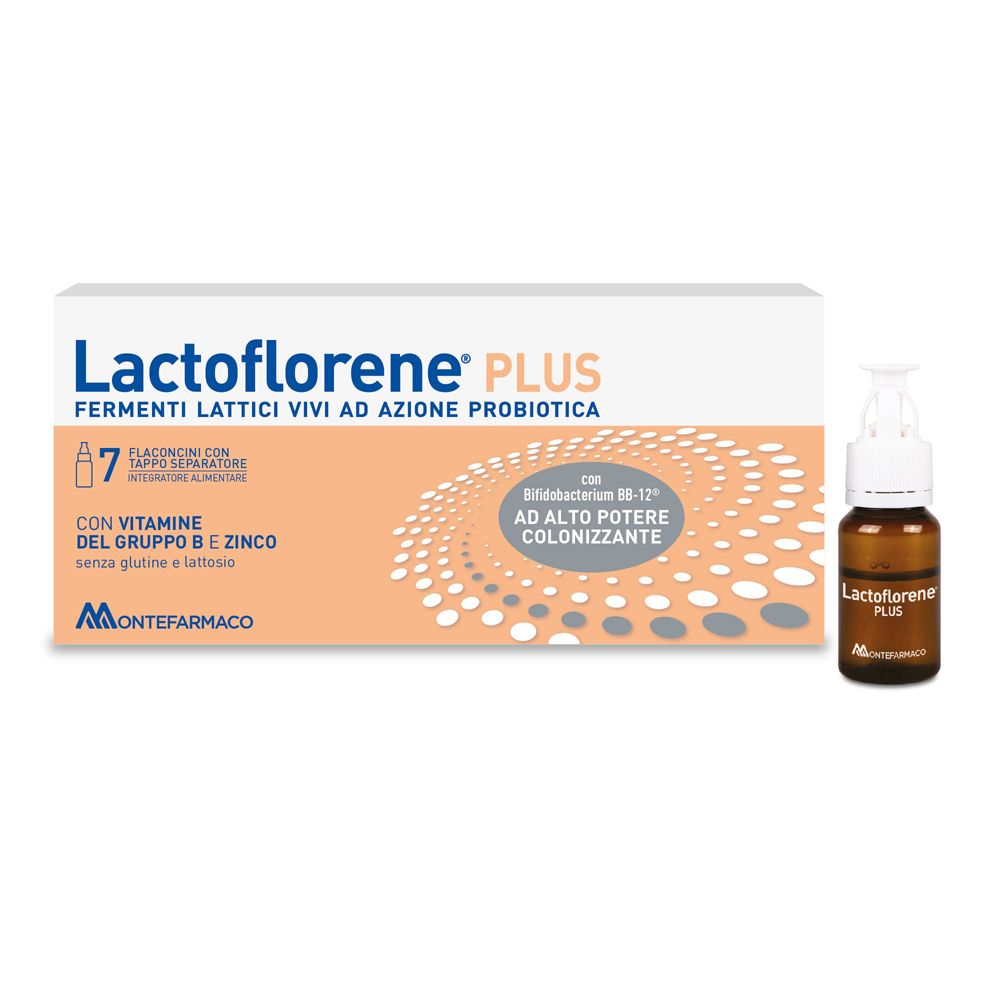 Lactoflorene® PLUS. Confezione con flaconcini e tappo separatore. Contiene fermenti lattici vivi, zinco e vitamina B.